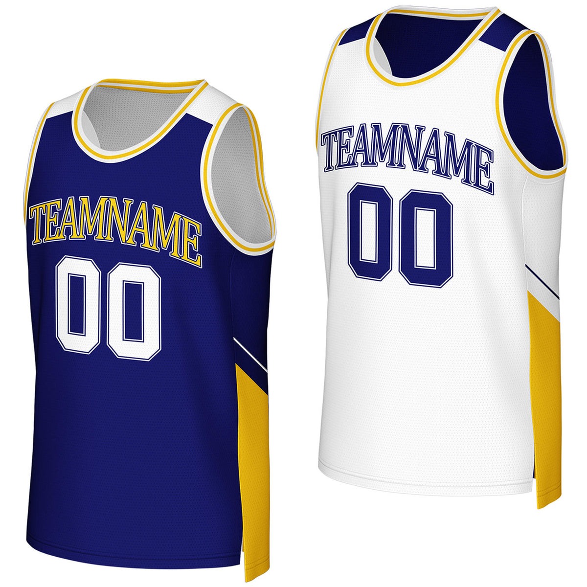 Custom navy & white reversible basketball jersey by Vosoli. Personalized with team name, player name, number, and logo on both sides. Breathable mesh 2-in-1 jersey for high school, college, AAU teams.