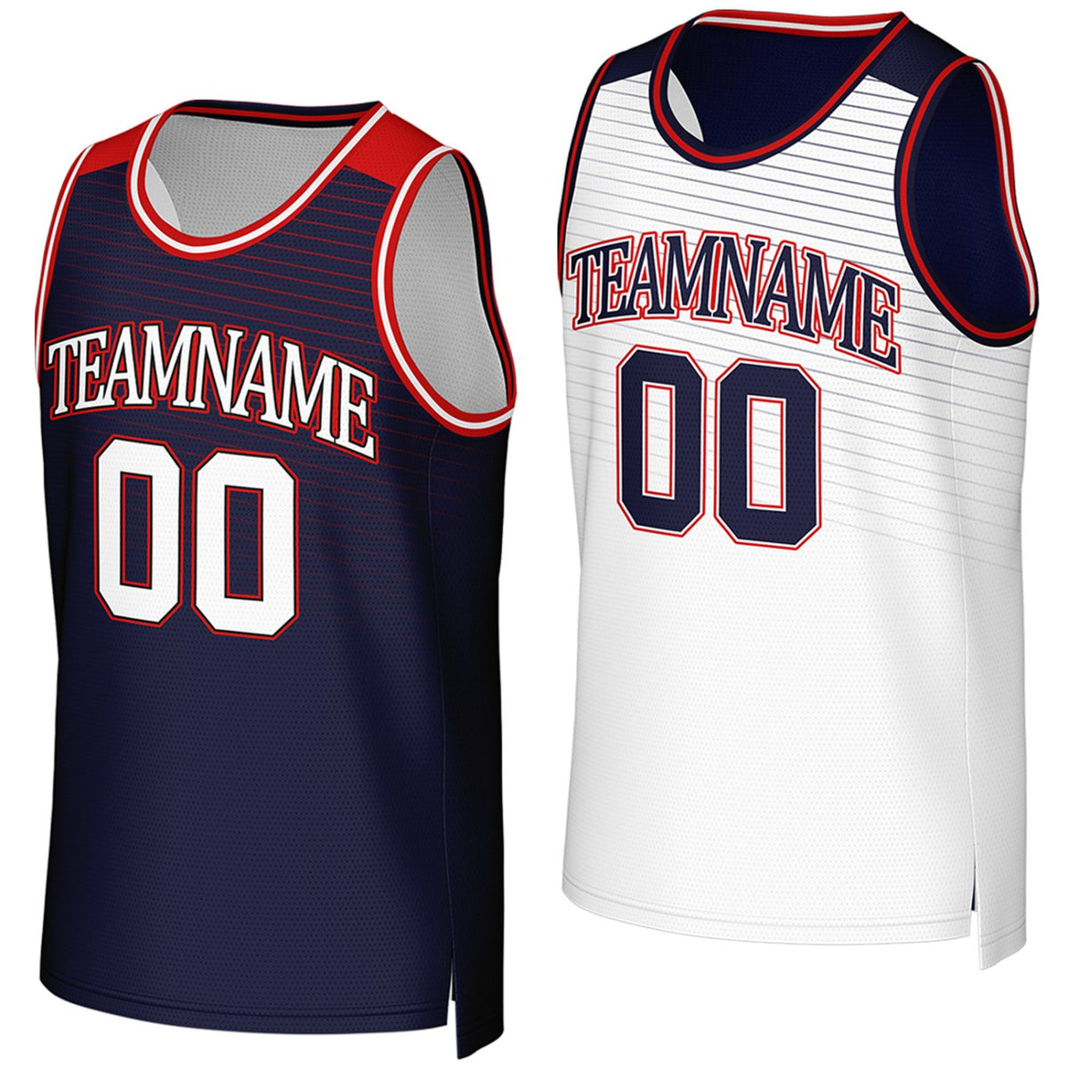 Custom navy & white reversible basketball jersey by Vosoli. Personalized with team name, player name, number, and logo on both sides. Breathable mesh 2-in-1 jersey for high school, college, AAU teams.