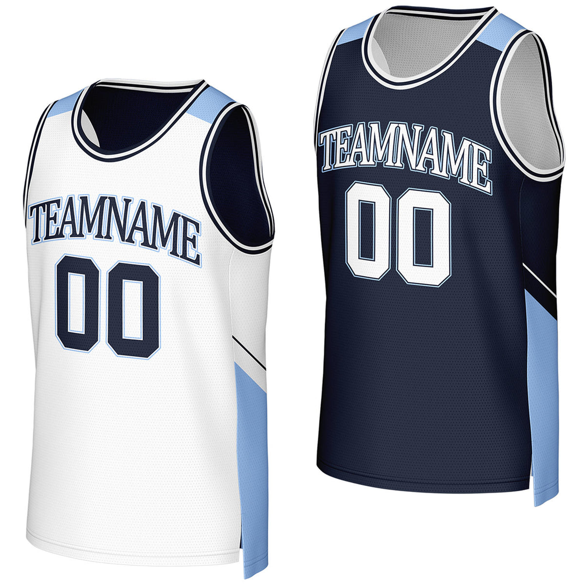Custom navy & white reversible basketball jersey by Vosoli. Personalized with team name, player name, number, and logo on both sides. Breathable mesh 2-in-1 jersey for high school, college, AAU teams.