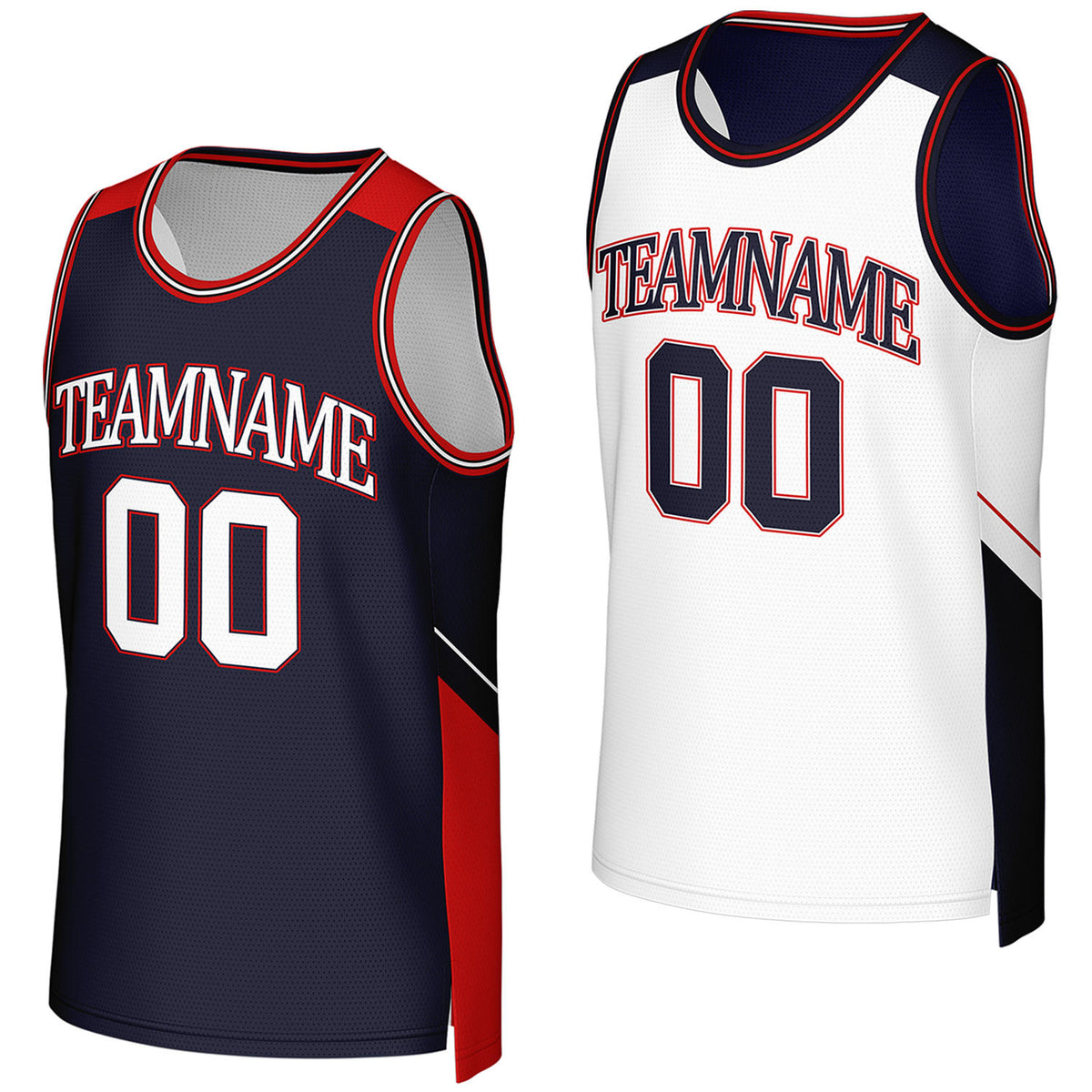 Custom navy & white reversible basketball jersey by Vosoli. Personalized with team name, player name, number, and logo on both sides. Breathable mesh 2‑in‑1 jersey for high school, college, AAU teams.