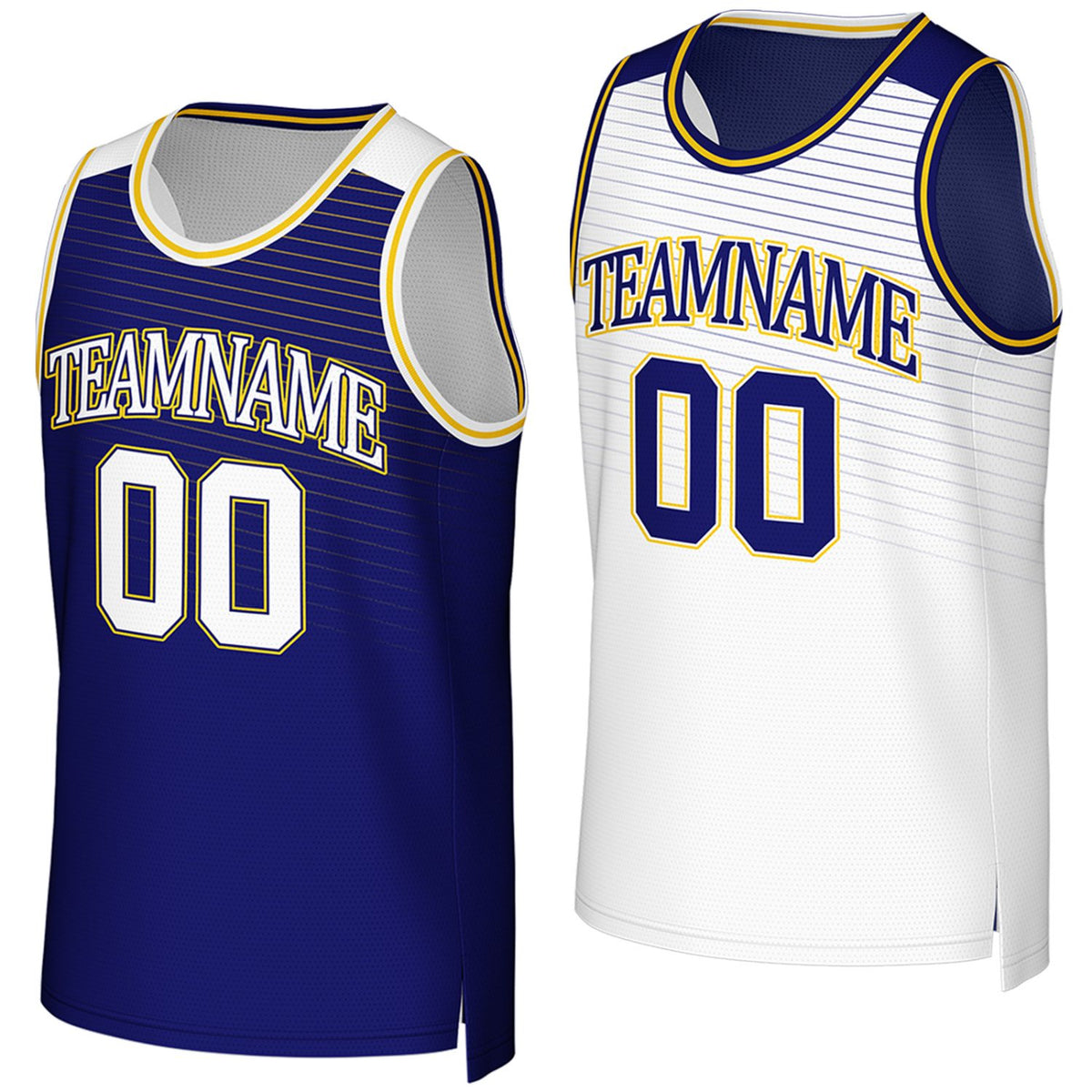 Custom navy & white reversible basketball jersey by Vosoli. Personalized with team name, player name, number, and logo on both sides. Breathable mesh 2-in-1 jersey for high school, college, AAU teams.