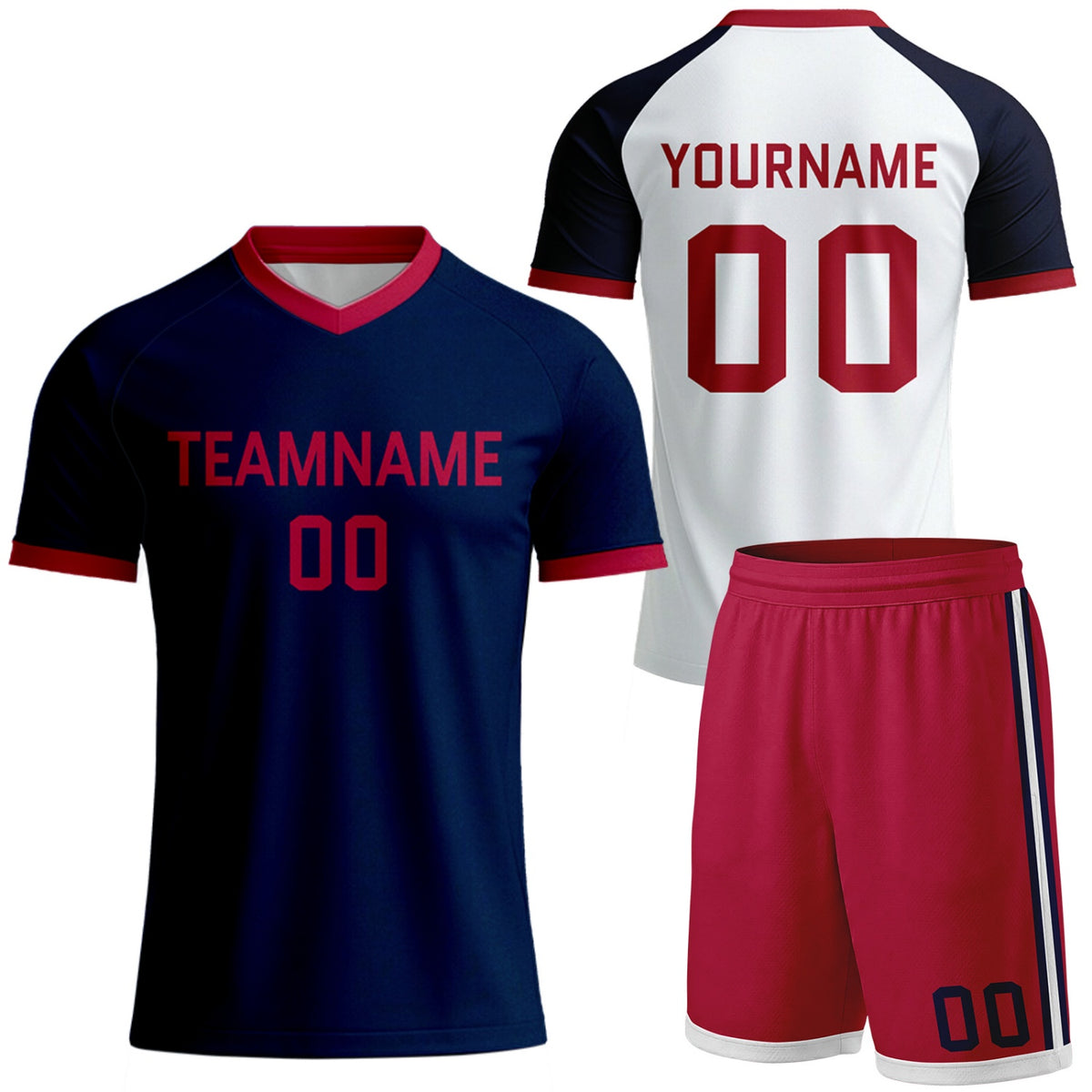 custom navy white raglan soccer kit for men by Vosoli, personalized team name, player name &amp; number, breathable short sleeve V-neck soccer jersey with shorts for men's soccer games