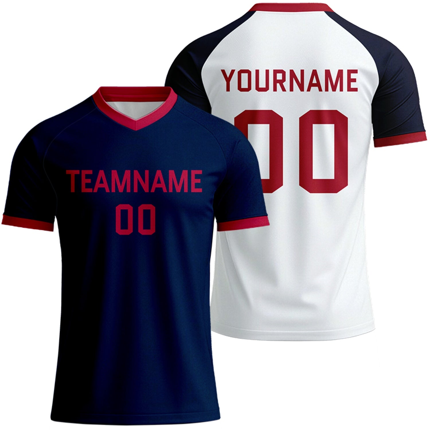custom navy white raglan soccer shirts by Vosoli, personalized team name, player name & number, breathable short sleeve V-neck soccer uniform for team matches