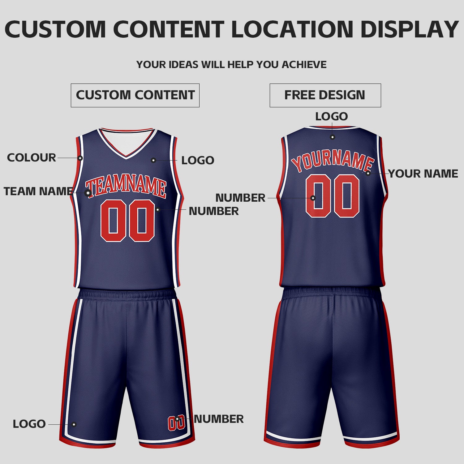 Custom Navy & White Reversible Basketball Jersey Shorts Set | Personalized Team Uniform