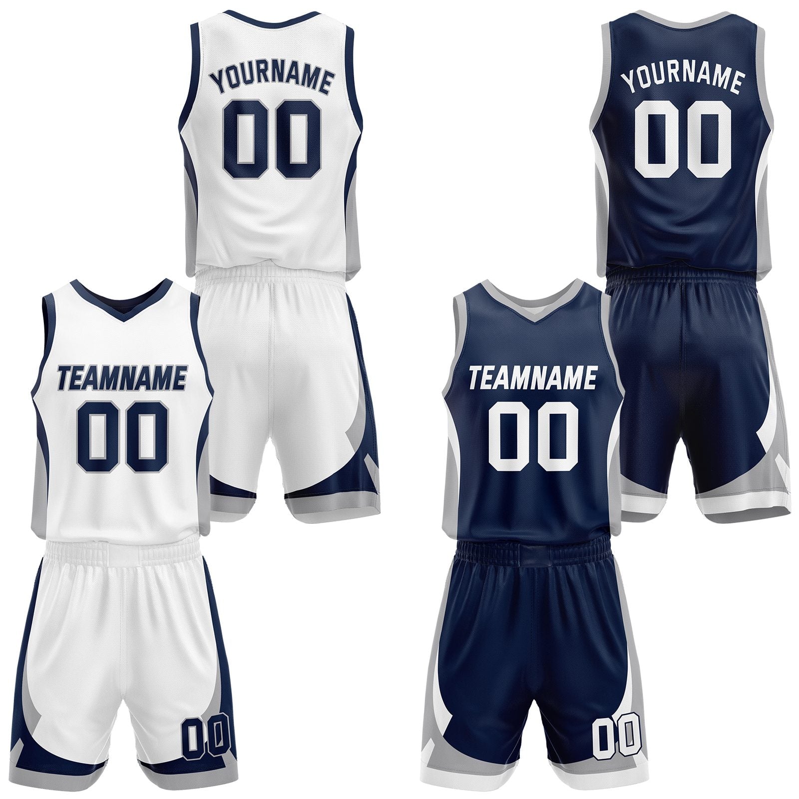 Custom navy & white reversible basketball jersey set with shorts by Vosoli | Personalized team name, number & logo | Breathable mesh sport jersey uniform