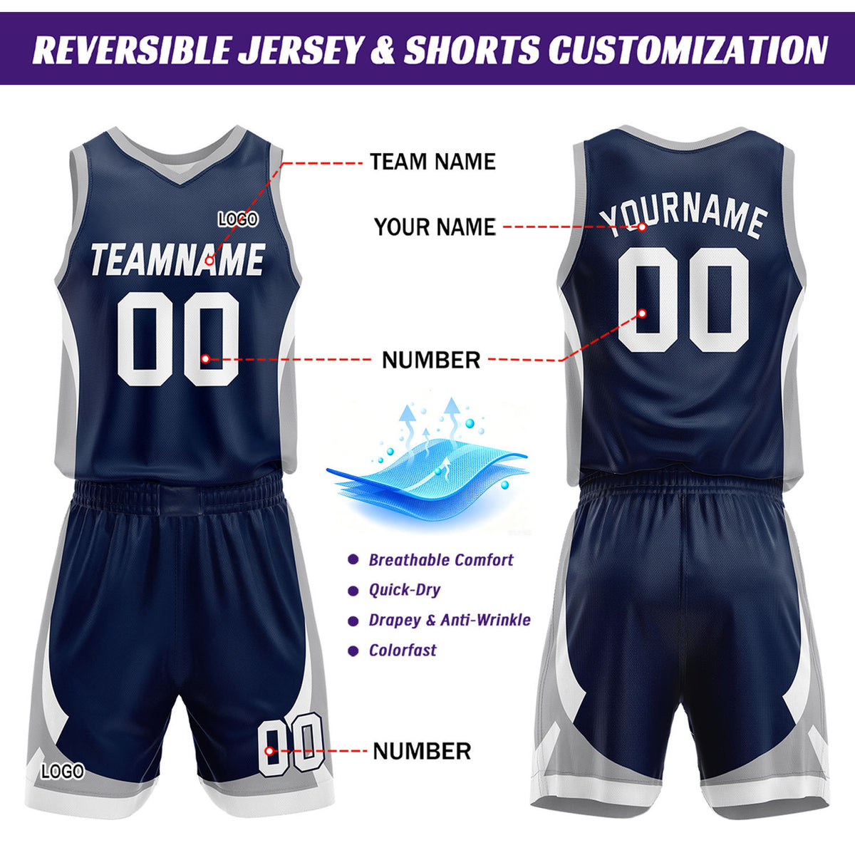Custom Navy White Reversible Basketball Jersey Set | Personalized Name Number Mesh Sports Uniform