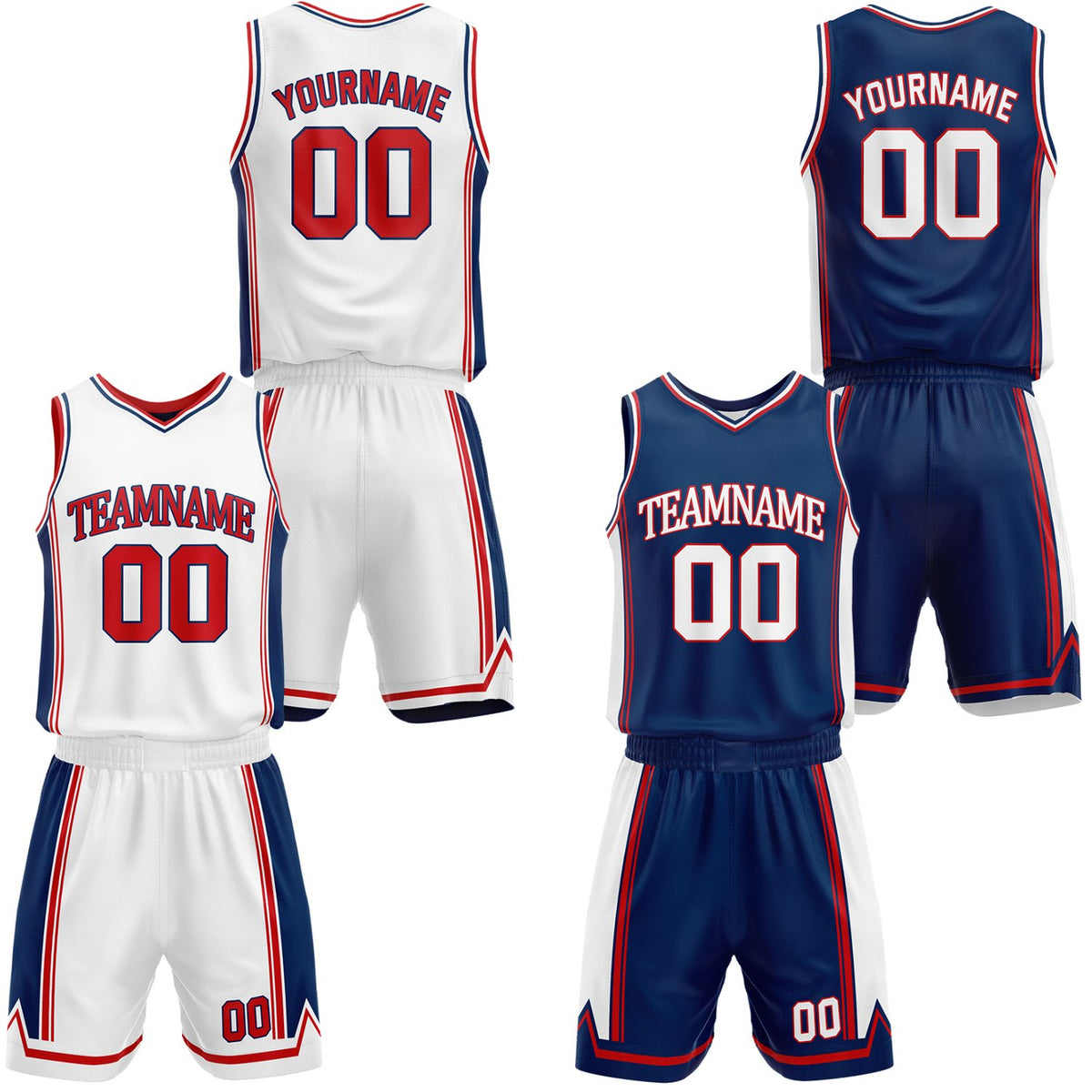 Custom navy &amp; white reversible basketball jersey shorts set by Vosoli | Personalized team name number casual vintage uniform sportswear