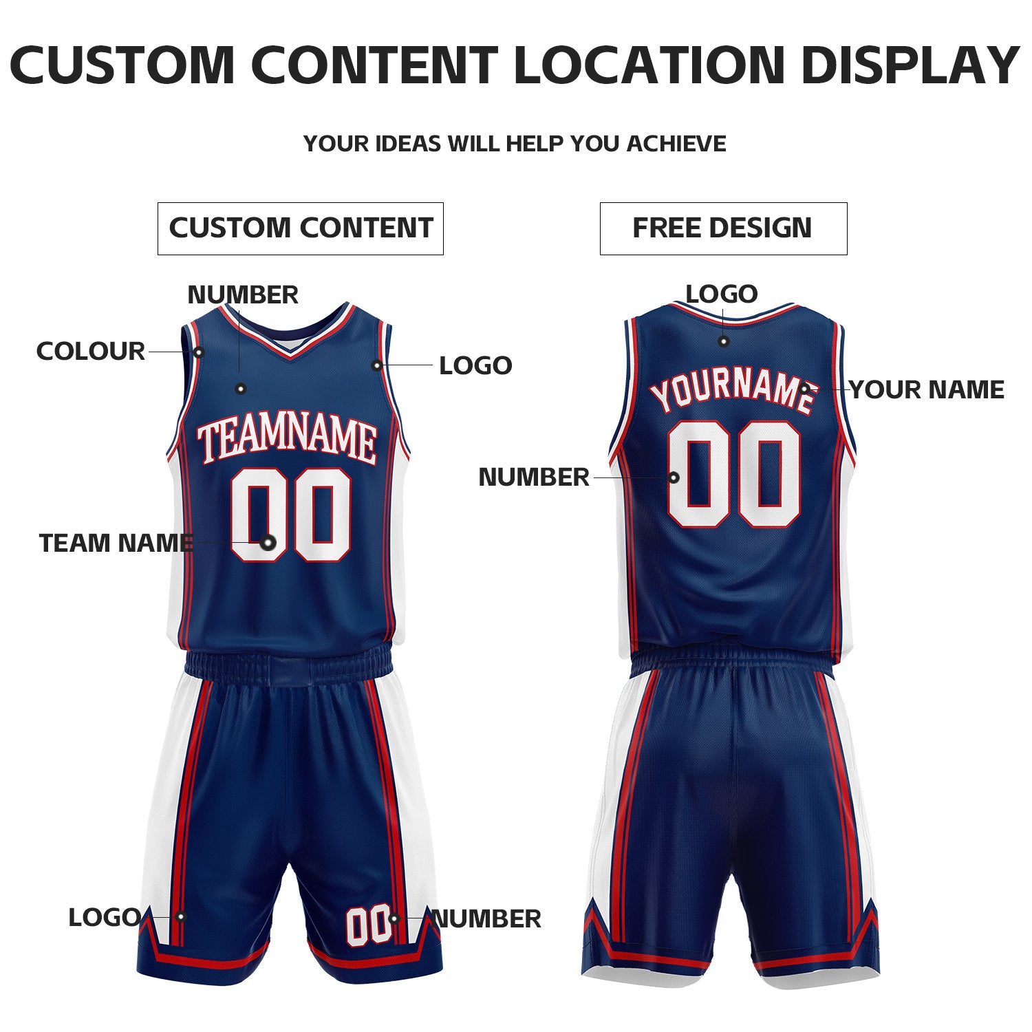Custom Navy & White Reversible Basketball Jersey Shorts Set | Personalized Full Vintage Team Uniform