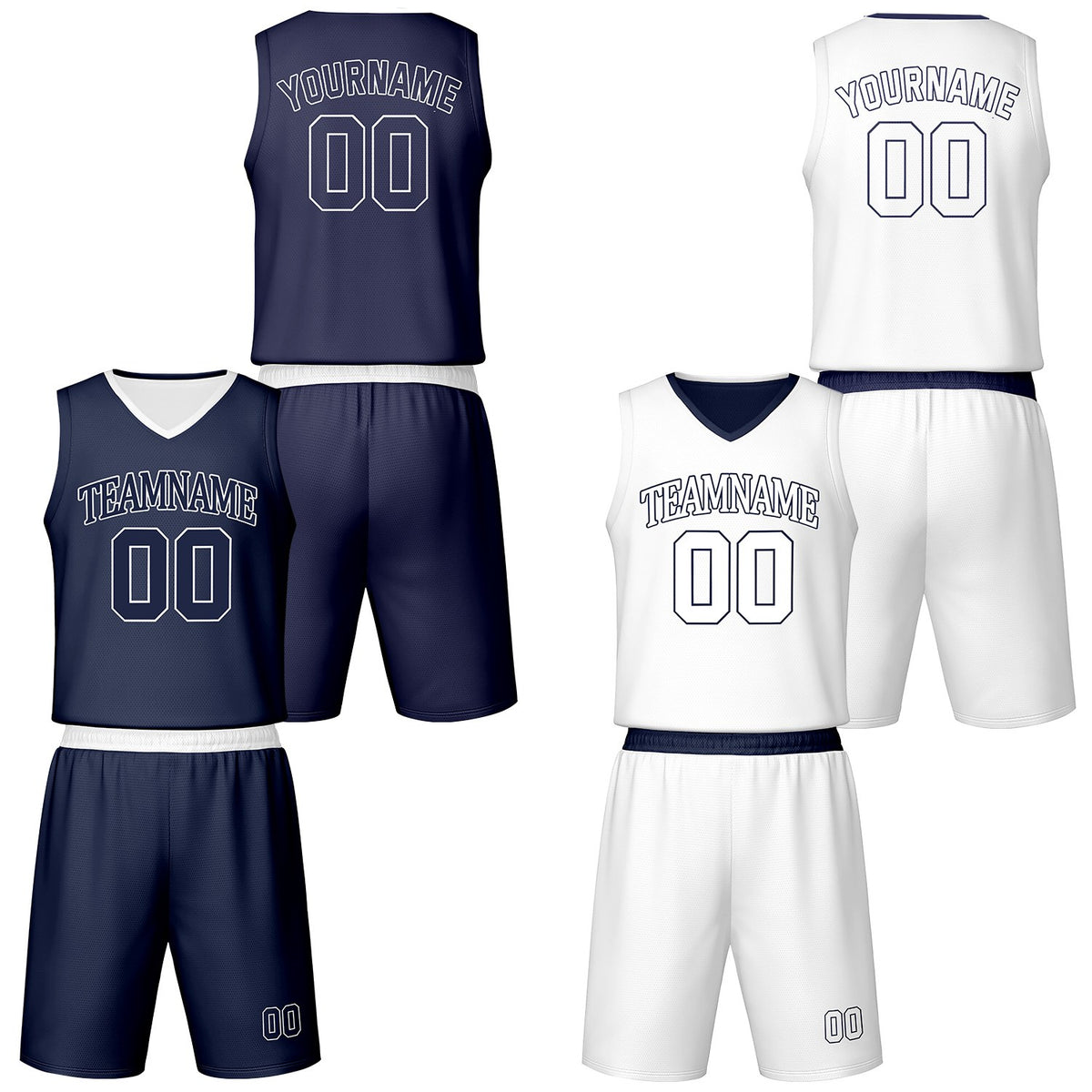 Custom navy &amp; white reversible basketball jersey shorts set by Vosoli | Personalized block team name number vintage uniform sportswear