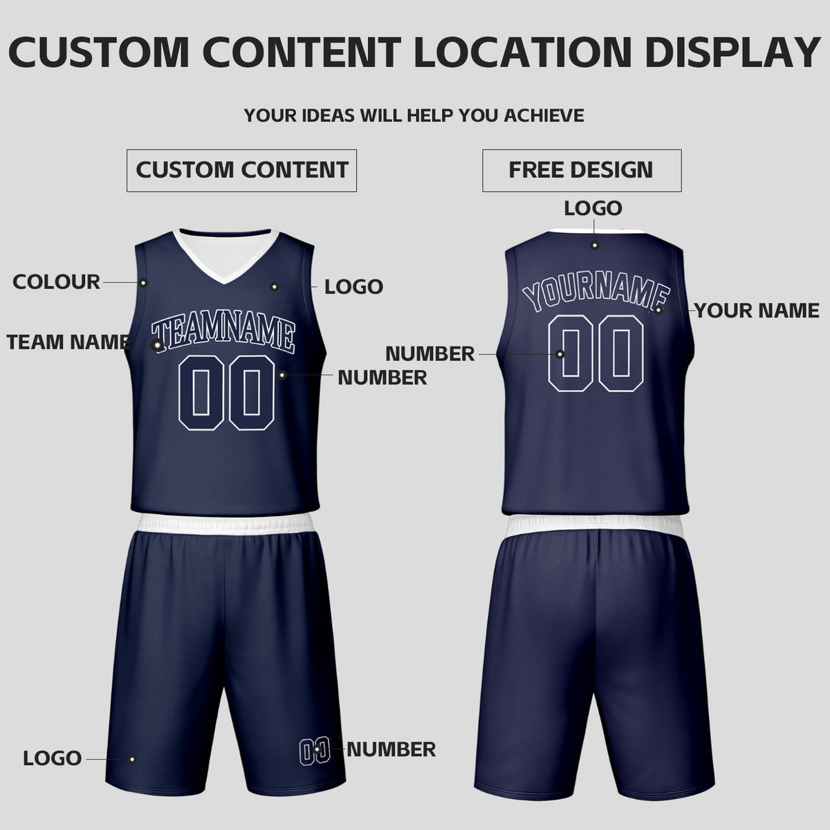 Custom Navy & White Reversible Basketball Jersey Shorts Set | Personalized Team Uniform