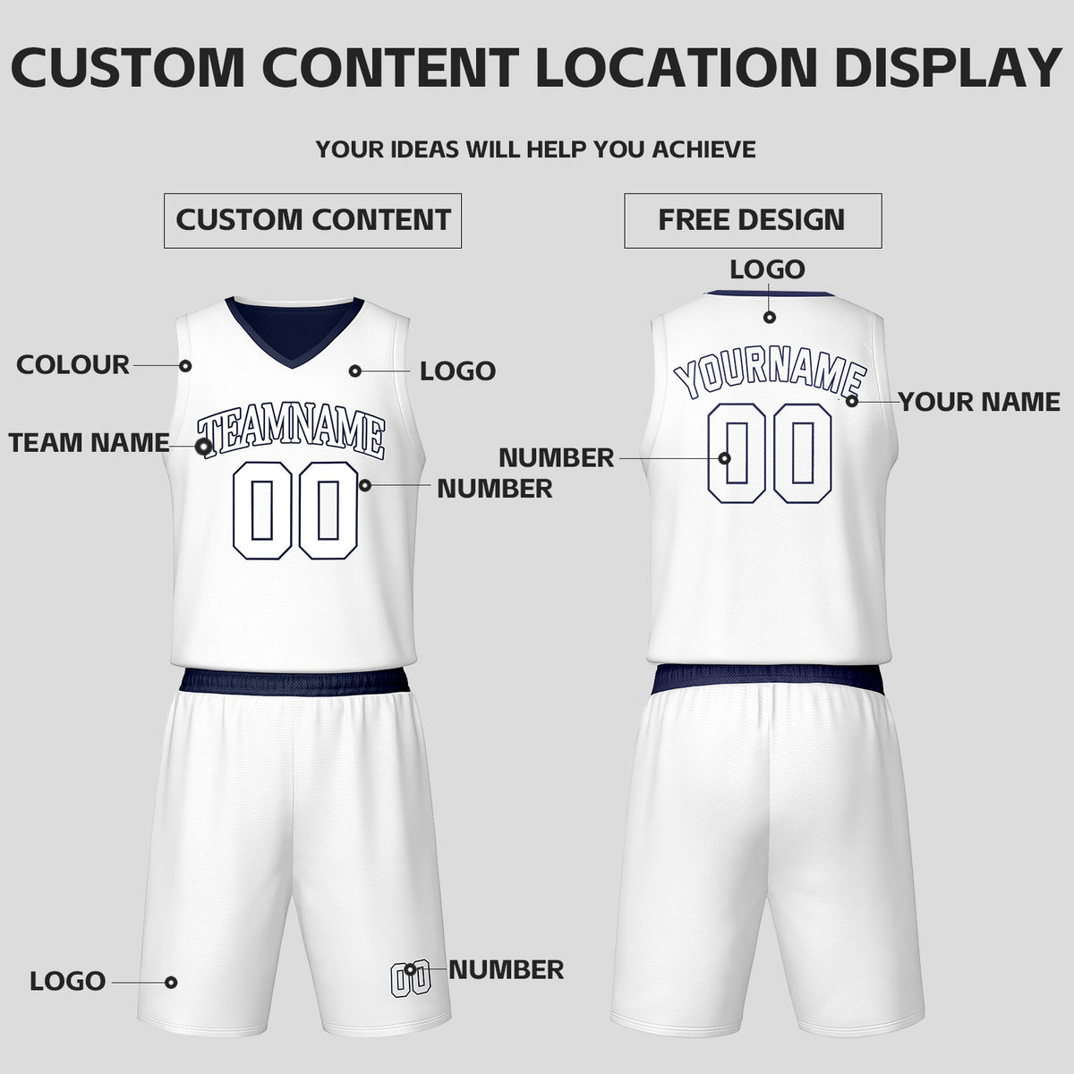 Custom Navy & White Reversible Basketball Jersey Shorts Set | Personalized Team Uniform