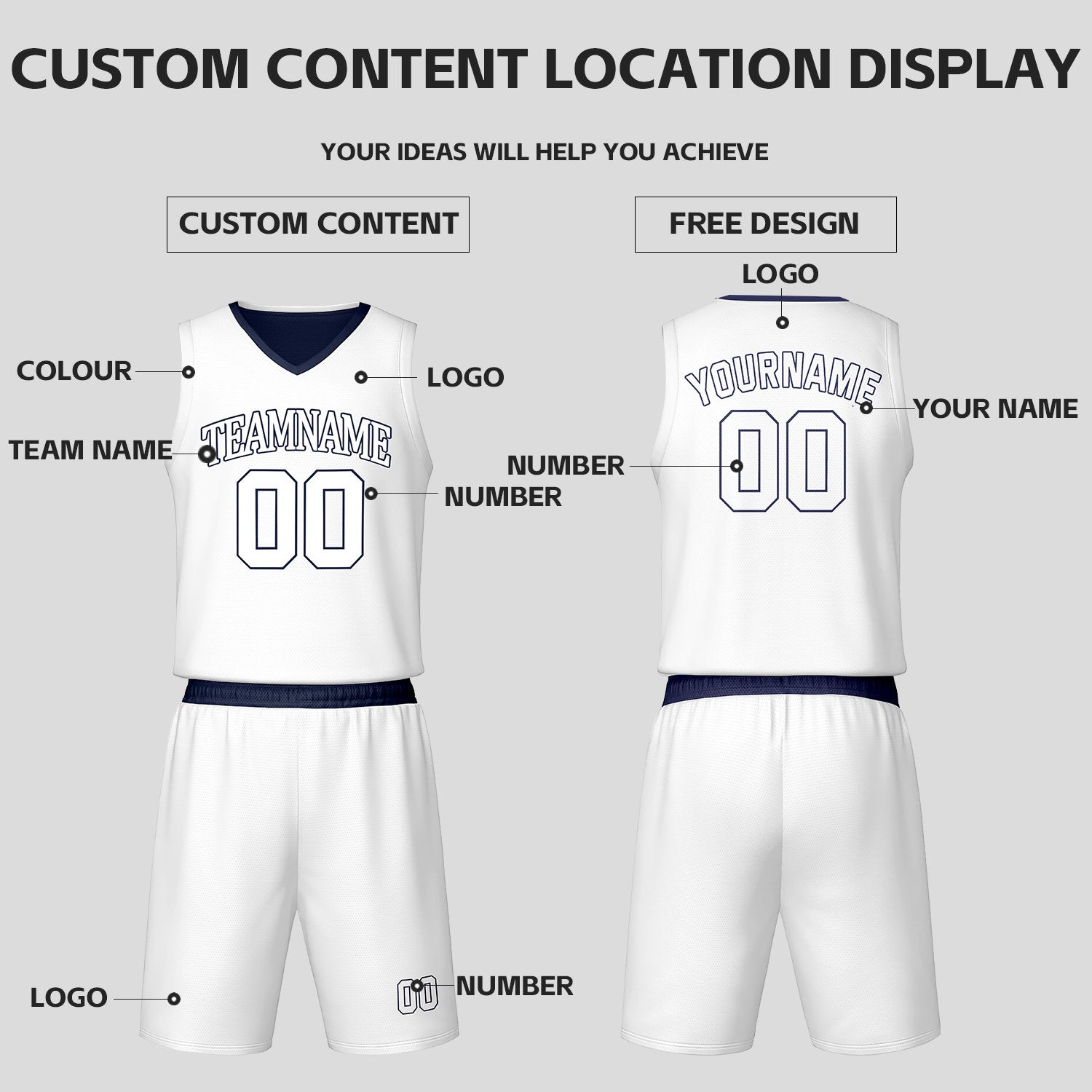 Custom Navy & White Reversible Basketball Jersey Shorts Set | Personalized Team Uniform