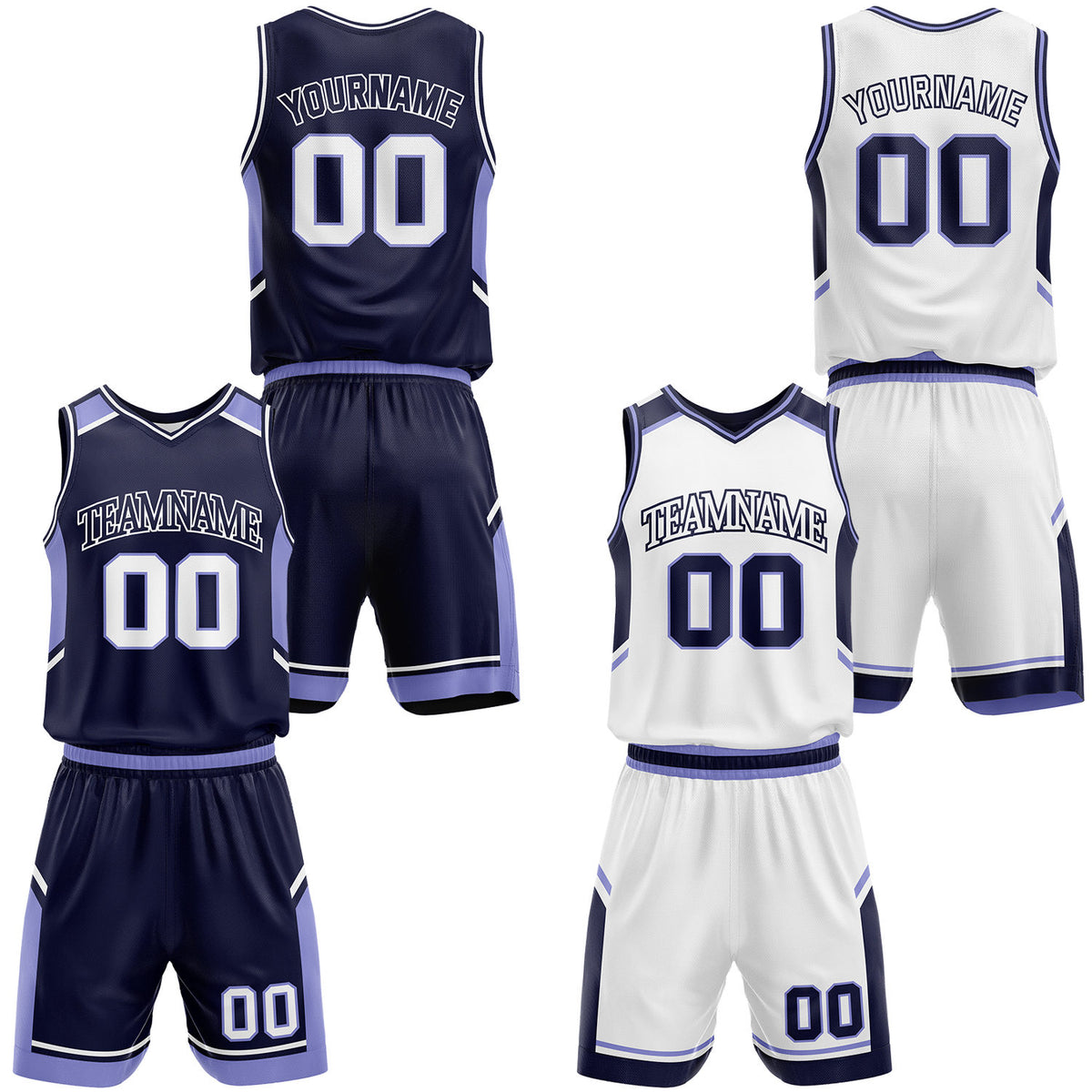 Custom navy and white middle school basketball uniform set, personalized name, number and logo, breathable mesh for youth &amp; adult.