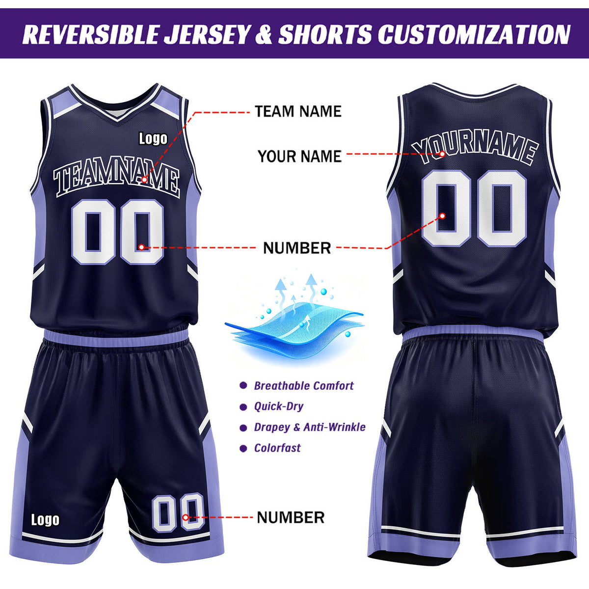 Custom Reversible Basketball Uniform Set | Navy & White V-Neck Sleeveless Jersey & Athletic Shorts