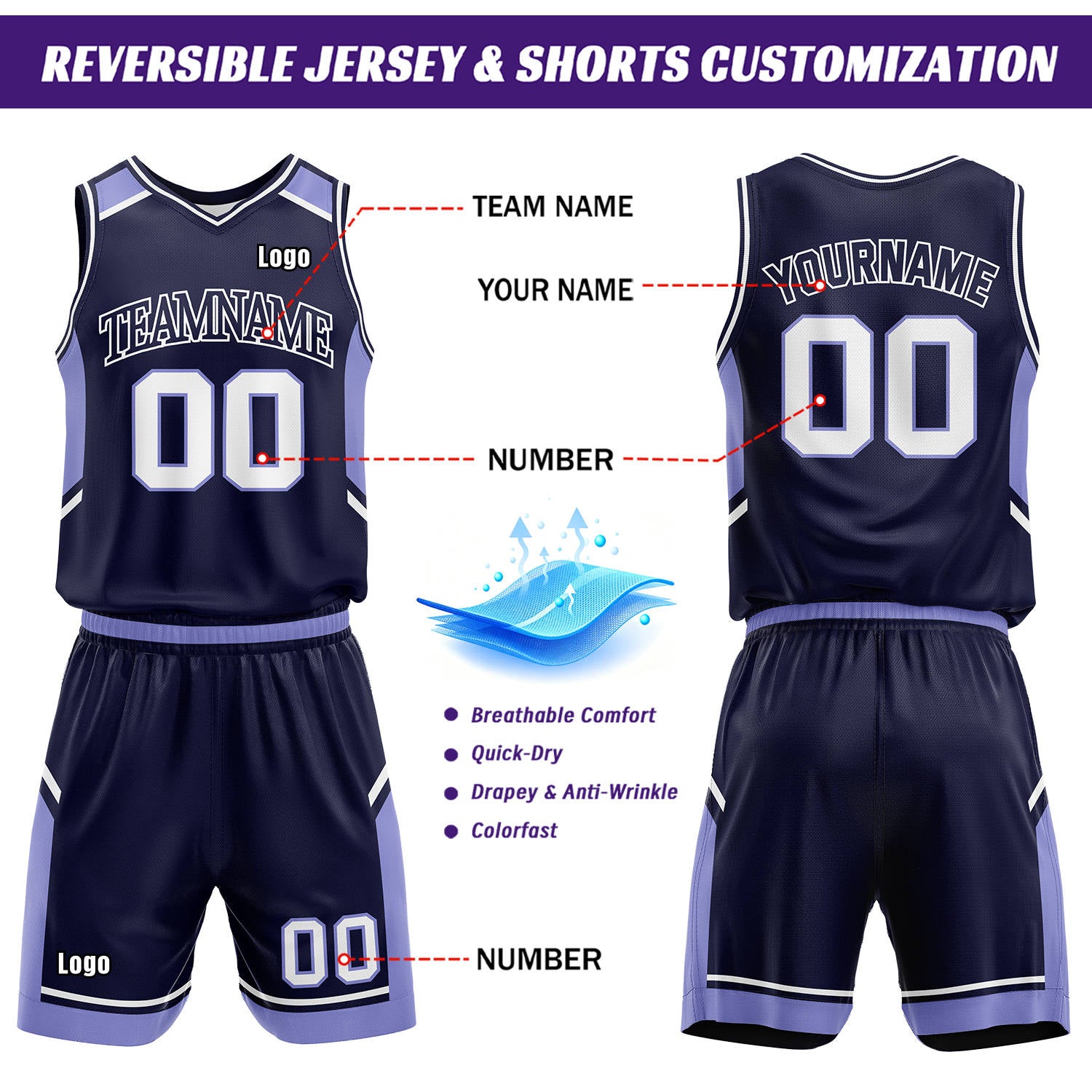 Custom Reversible Basketball Uniform Set | Navy & White V-Neck Sleeveless Jersey & Athletic Shorts