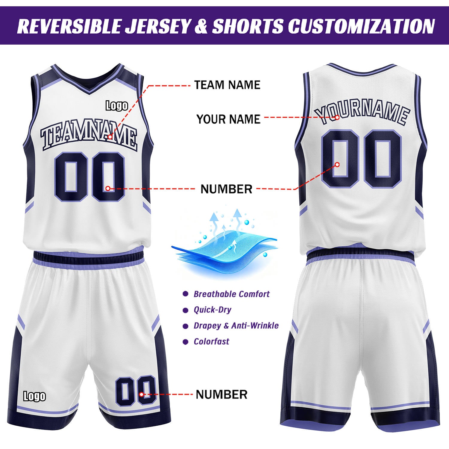 Custom Reversible Basketball Uniform Set | Navy & White V-Neck Sleeveless Jersey & Athletic Shorts