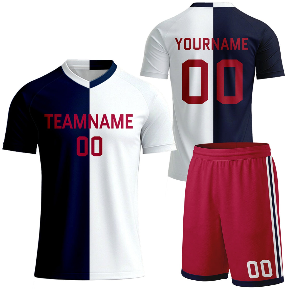 custom navy white split men's soccer kits by Vosoli, personalized team name, player name &amp; number, breathable short sleeve V-neck soccer jersey with shorts for men's soccer games