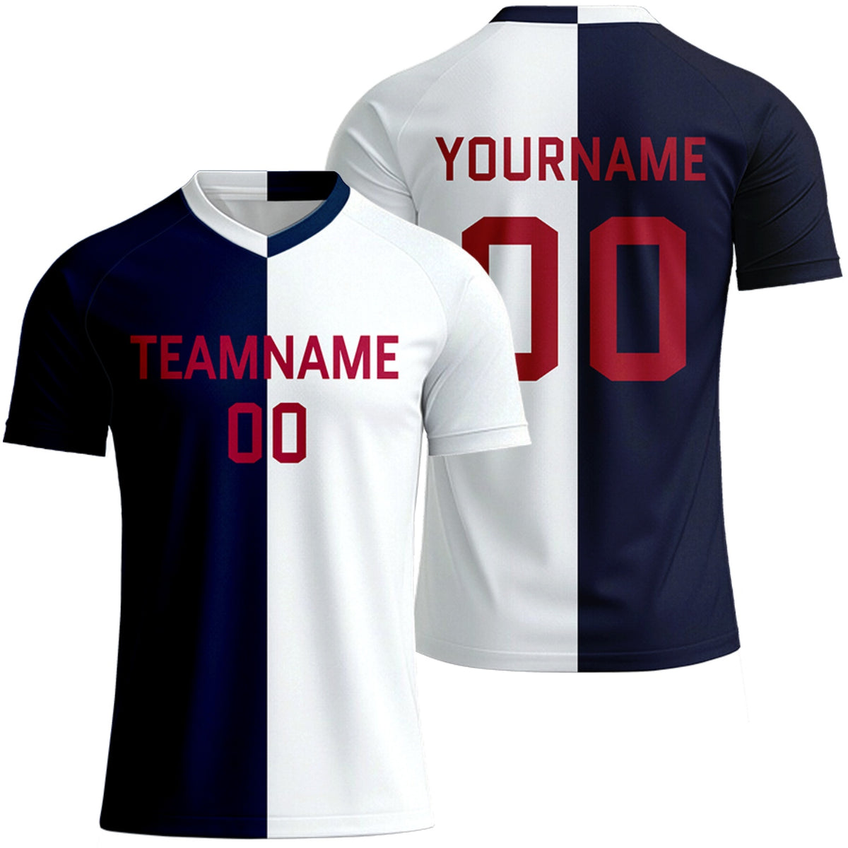 personalized navy white split soccer jerseys for teams by Vosoli, personalized team name, player name &amp; number, breathable short sleeve V-neck soccer uniform for team matches