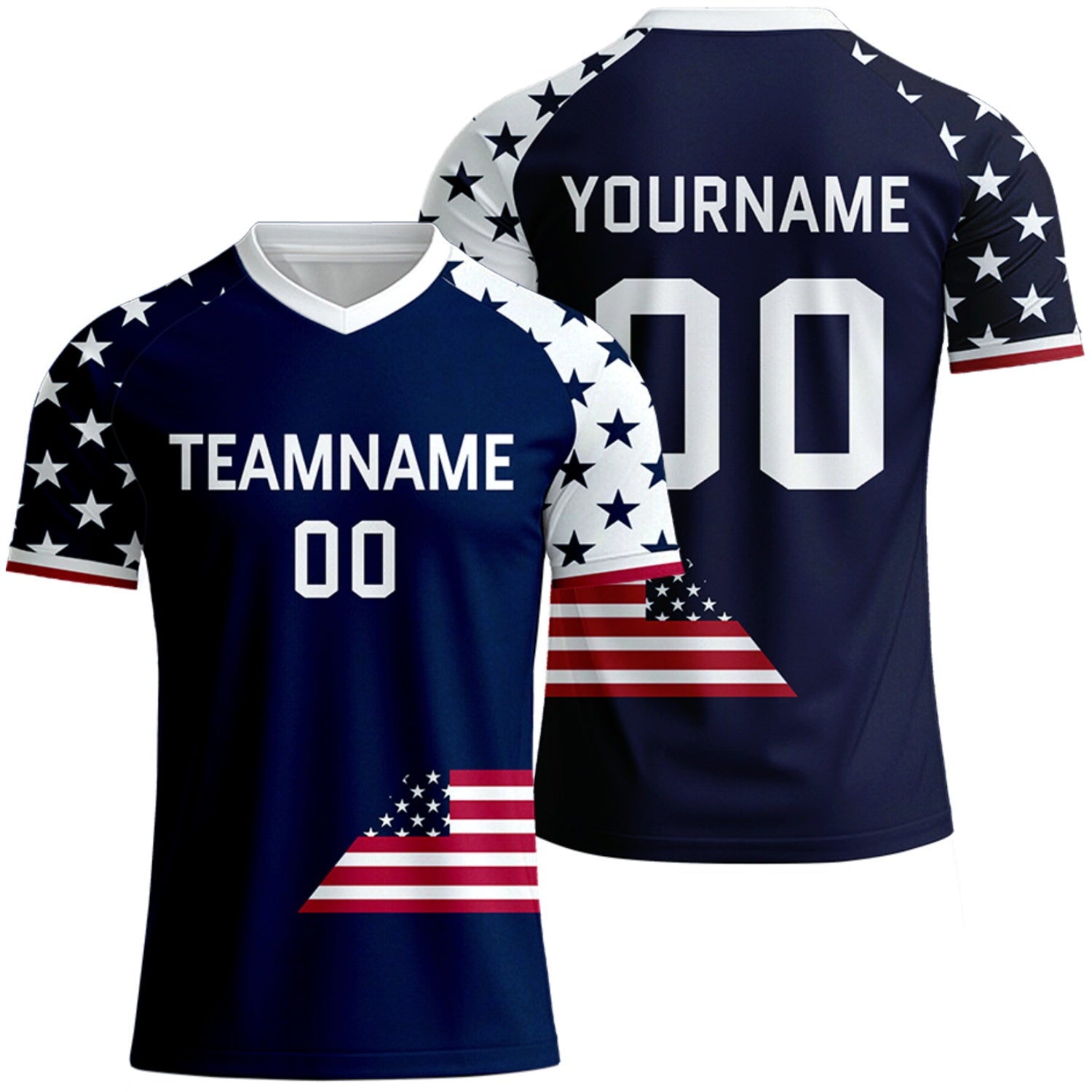 custom navy white star soccer jersey designs by Vosoli, personalized team name, player name & number, breathable short sleeve V-neck soccer uniform for team matches