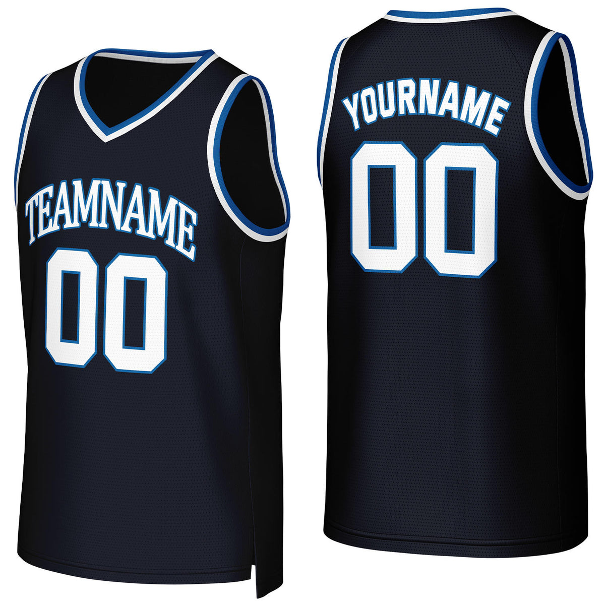 Custom navy &amp; white basketball jersey by Vosoli | Personalized stitched team name, number &amp; logo | Breathable mesh sport jersey