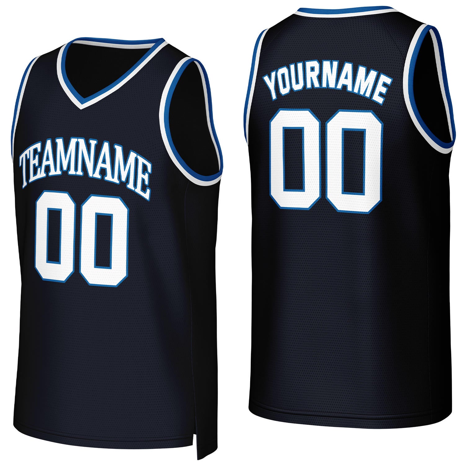 Custom navy & white basketball jersey by Vosoli | Personalized stitched team name, number & logo | Breathable mesh sport jersey