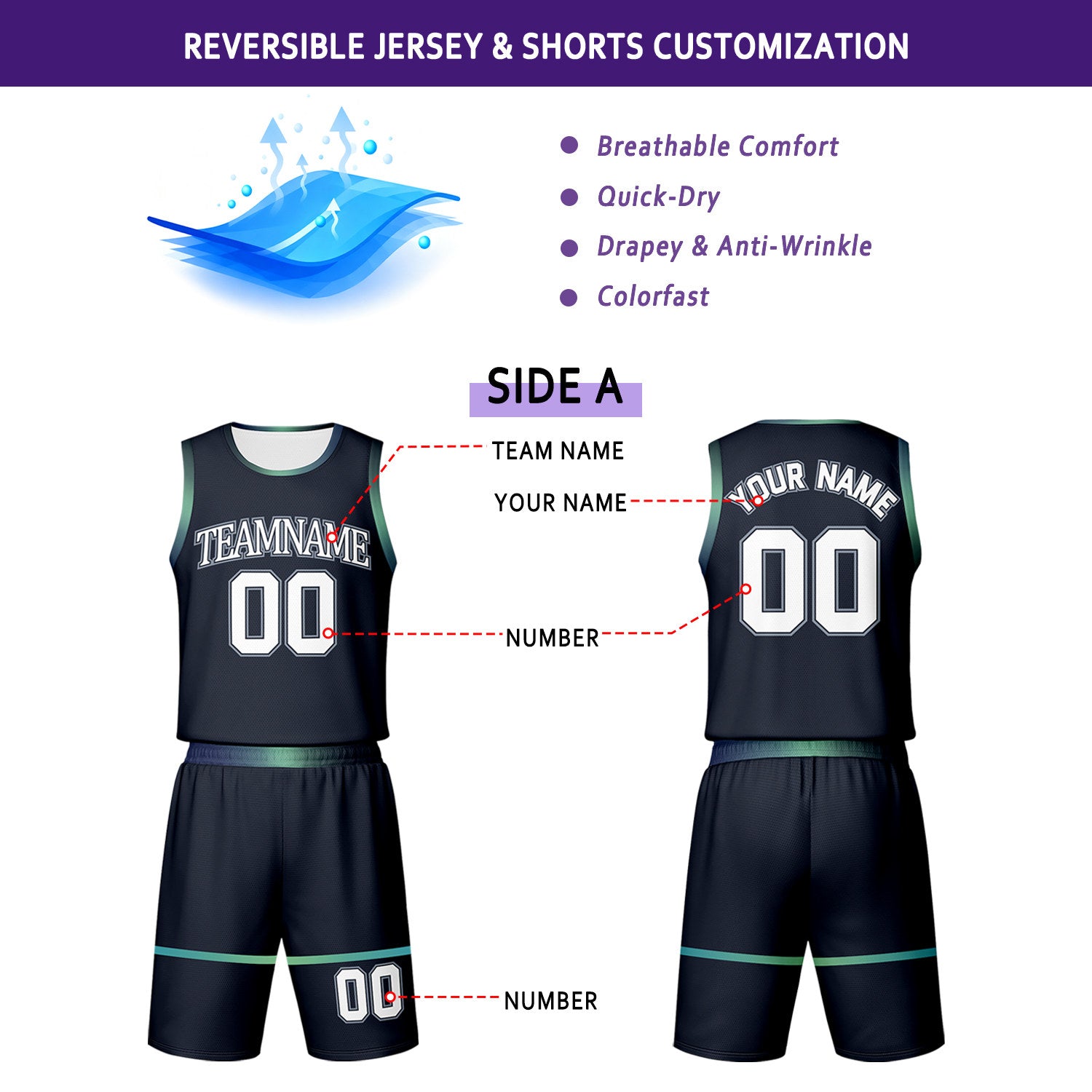 Custom Navy & White Reversible Basketball Jersey Shorts Set with Teal Trim | Personalized Team Uniform