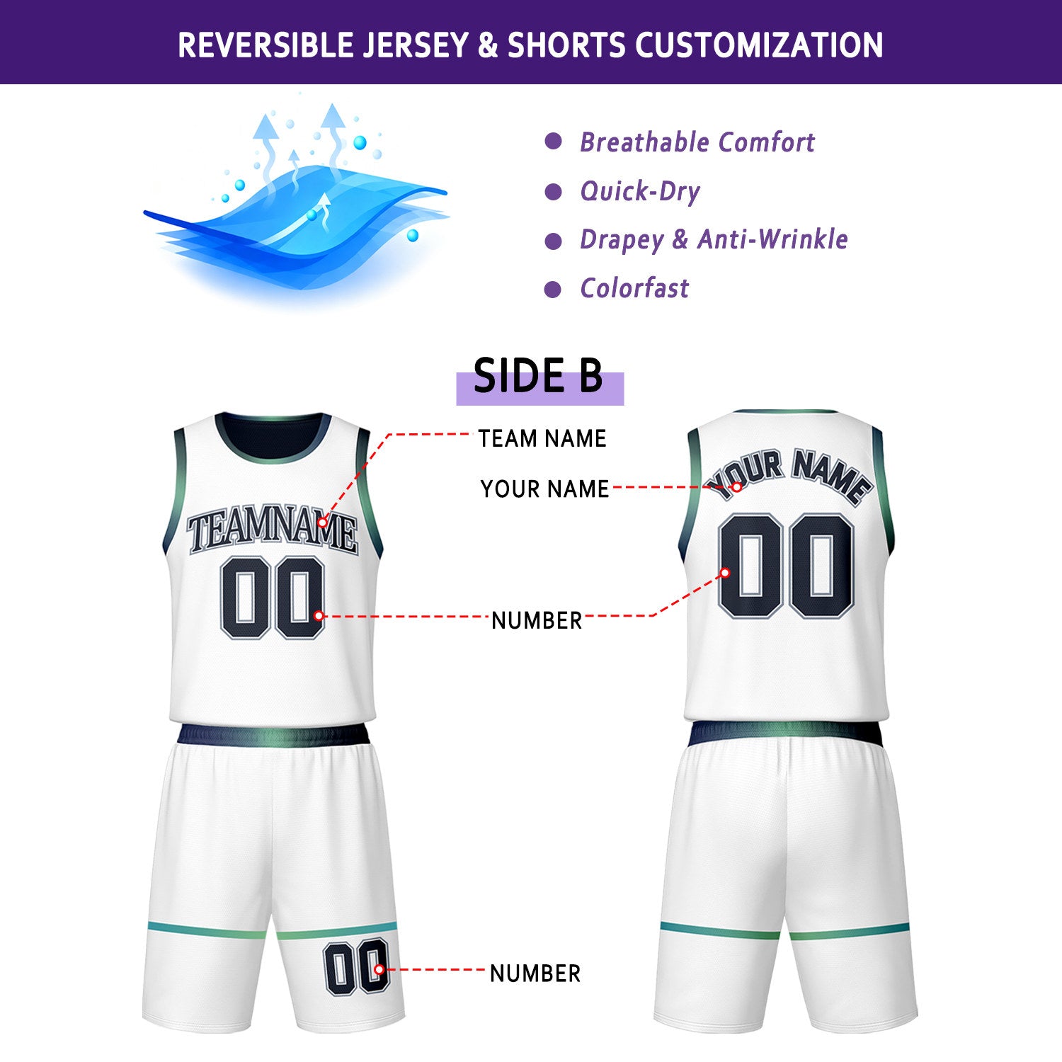 Custom Navy & White Reversible Basketball Jersey Shorts Set with Teal Trim | Personalized Team Uniform