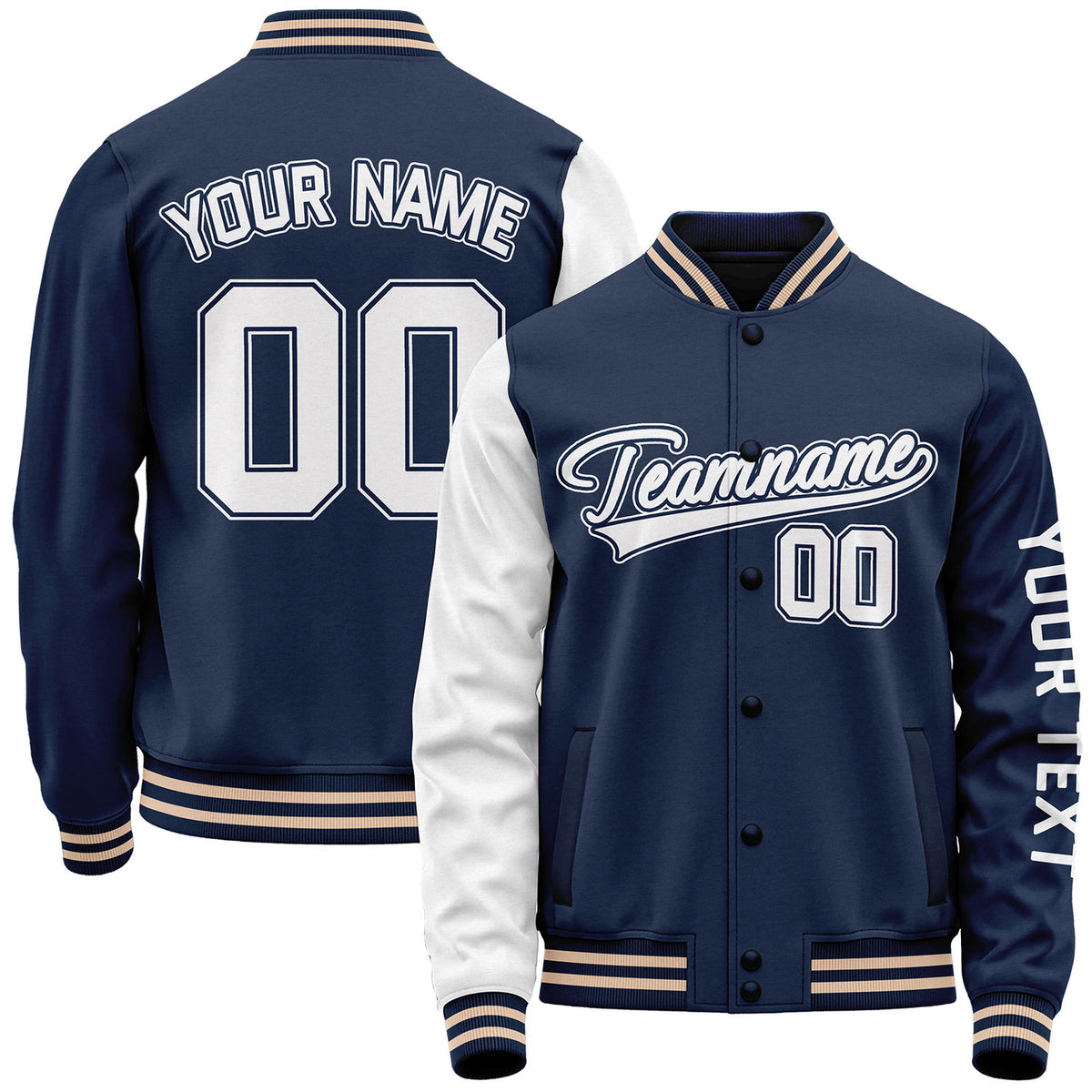 Custom navy and white team outerwear baseball by Vosoli with stitched name, number and logo. Classic varsity jacket for baseball and casual wear.
