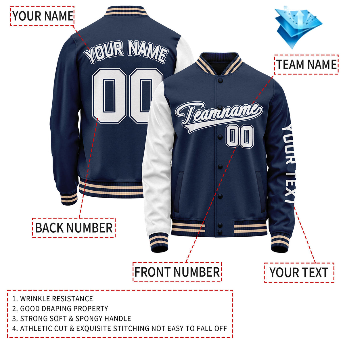 Custom Navy White Jacket Personalized Team Name Number Letterman Bomber for Adult & Youth