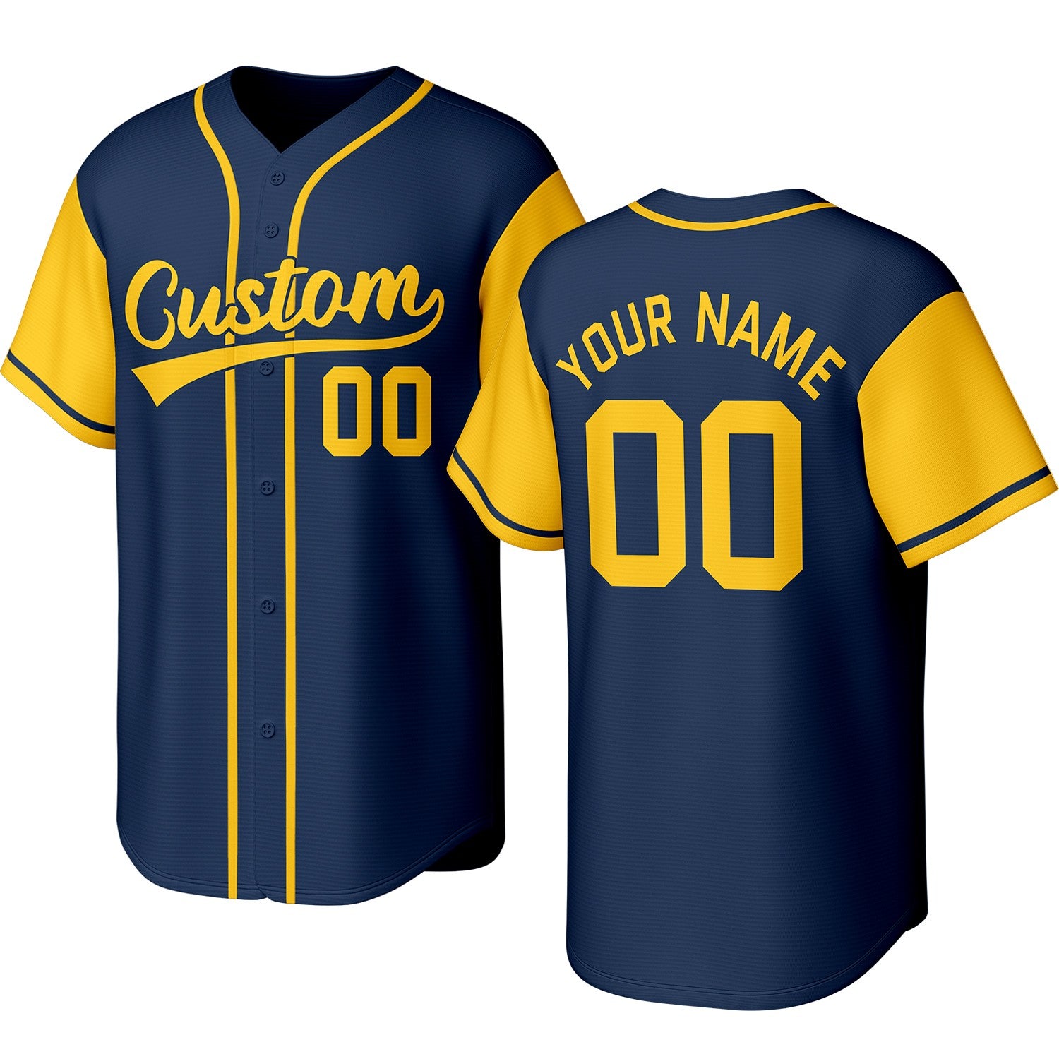 Custom navy & yellow baseball jersey with stitched logo, personalized name & number, button-front short-sleeve sports uniform for team men women youth game practice - Vosoli