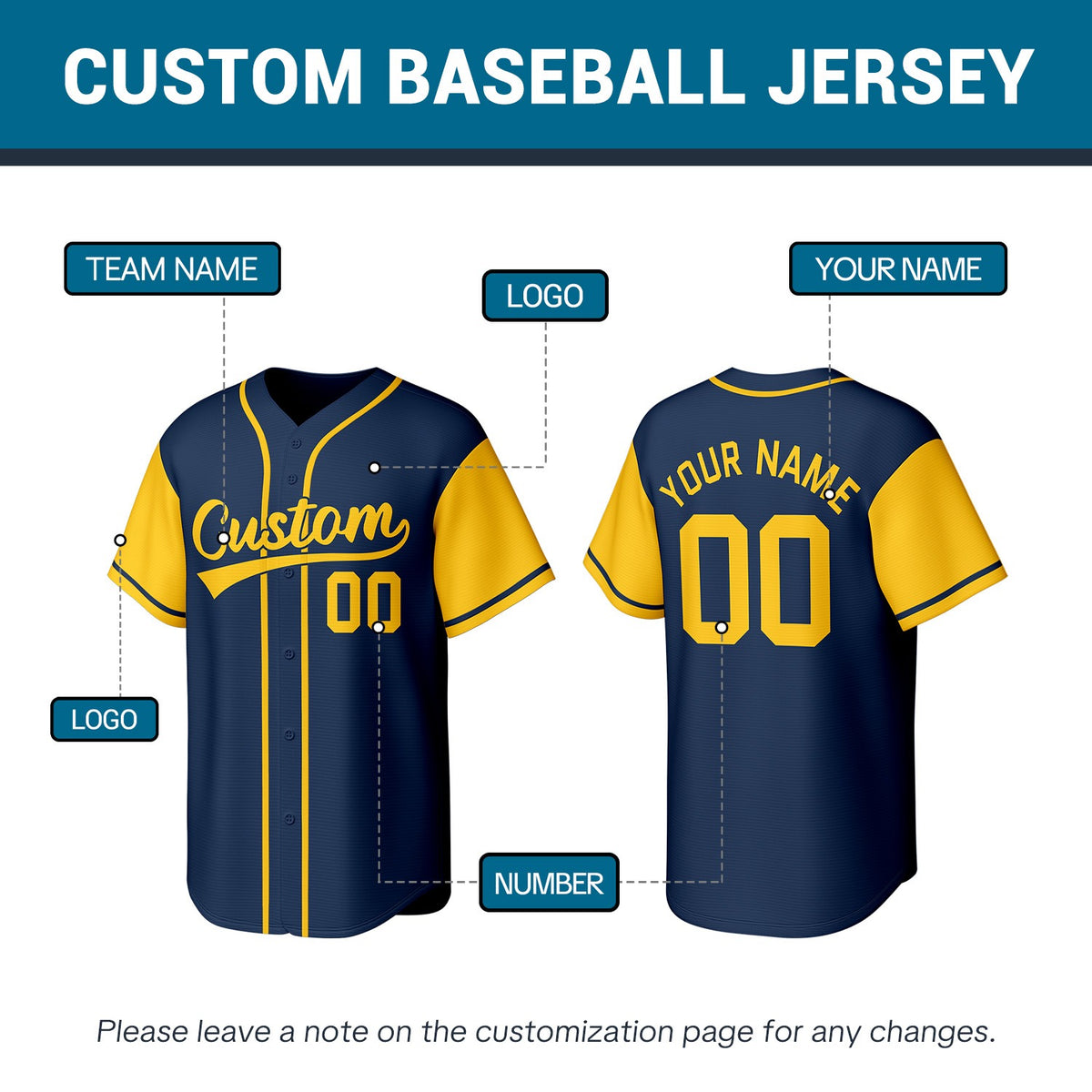 Custom Stitched Baseball Jersey Navy Yellow | Personalized Name & Number | Team Uniform