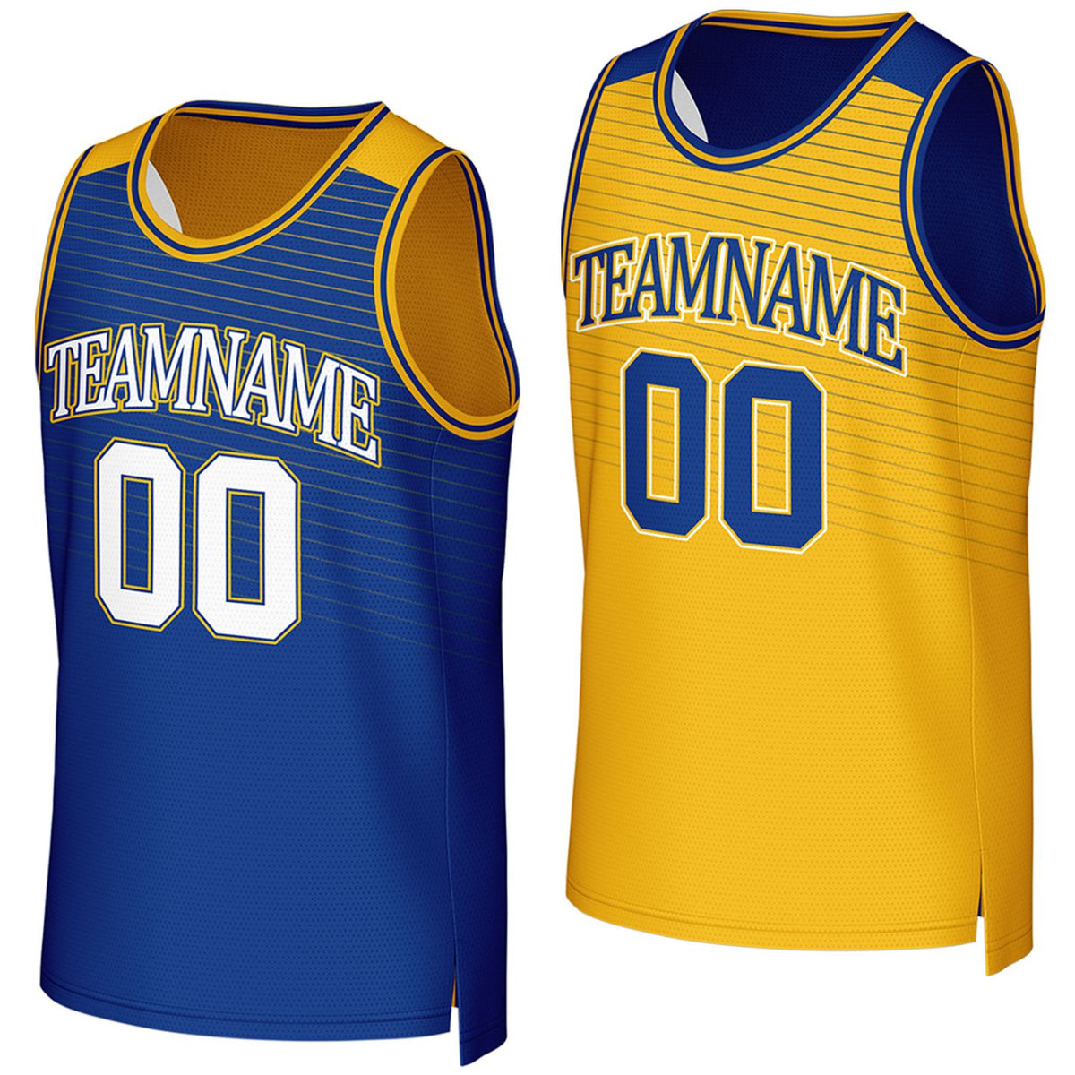 Custom navy & yellow reversible basketball jersey by Vosoli. Personalized with team name, player name, number, and logo on both sides. Breathable mesh 2-in-1 jersey for high school, college, AAU teams.