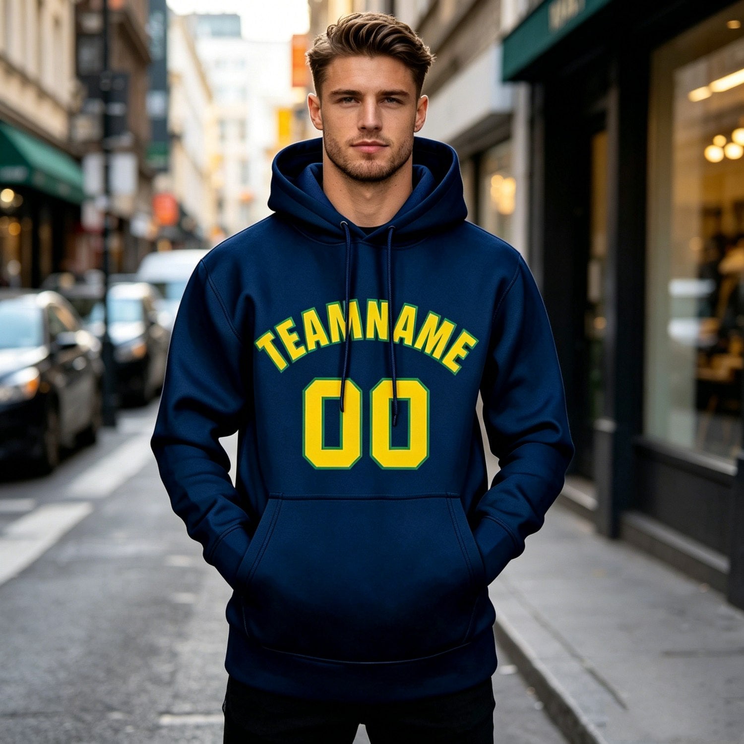 Custom Navy & Yellow Hoodie | Personalized Name & Number Sports Pullover | Vosoli