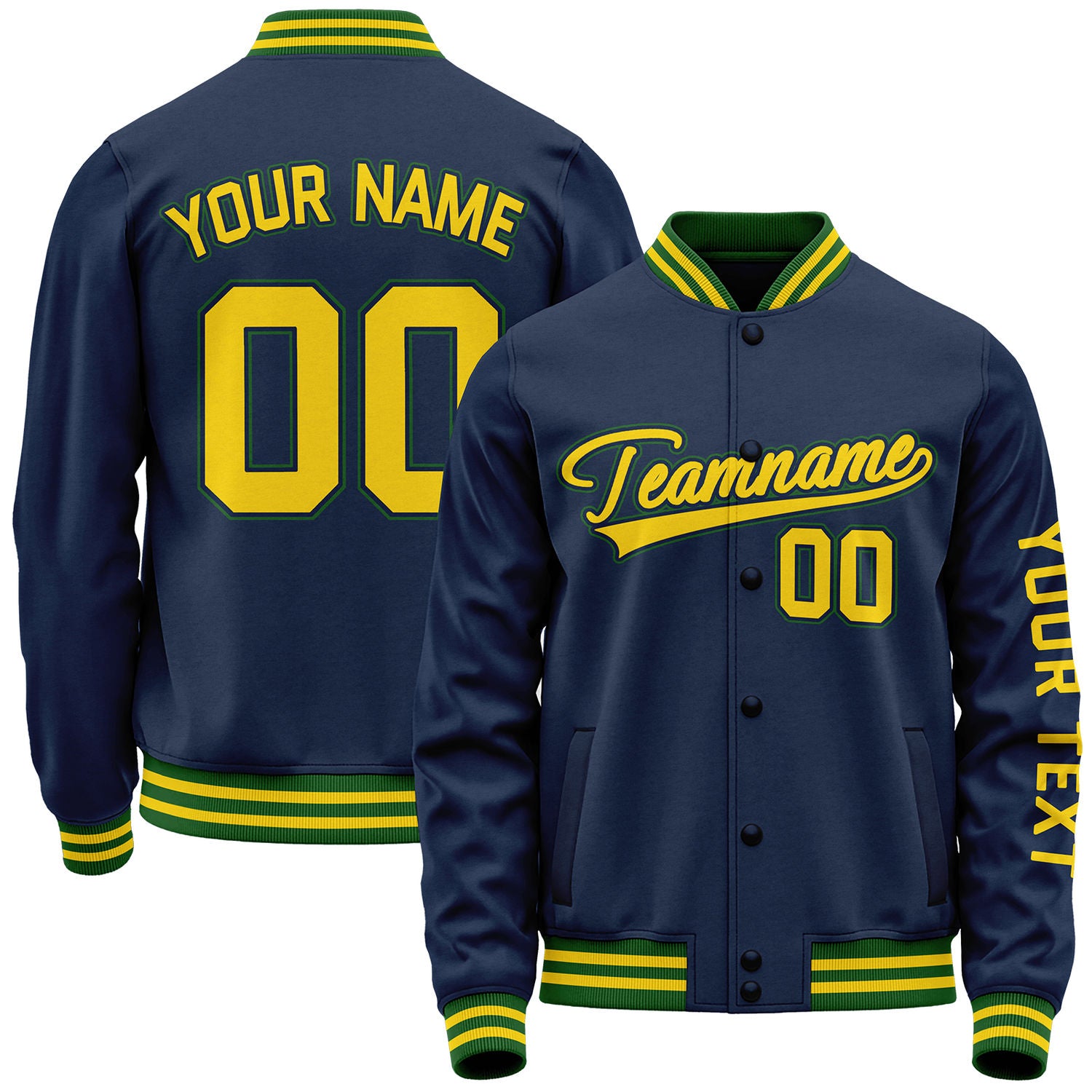 Custom navy and yellow team outerwear baseball by Vosoli with stitched name, number and logo. Classic varsity jacket for baseball and casual wear.