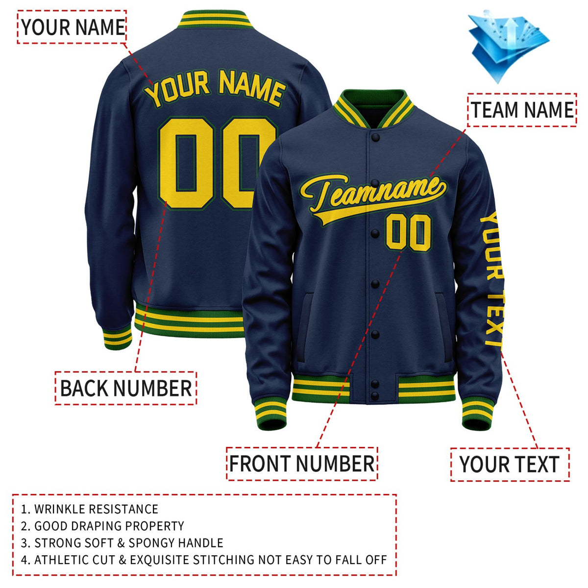 Custom Navy Yellow Jacket Personalized Team Name Number Letterman Bomber for Adult & Youth