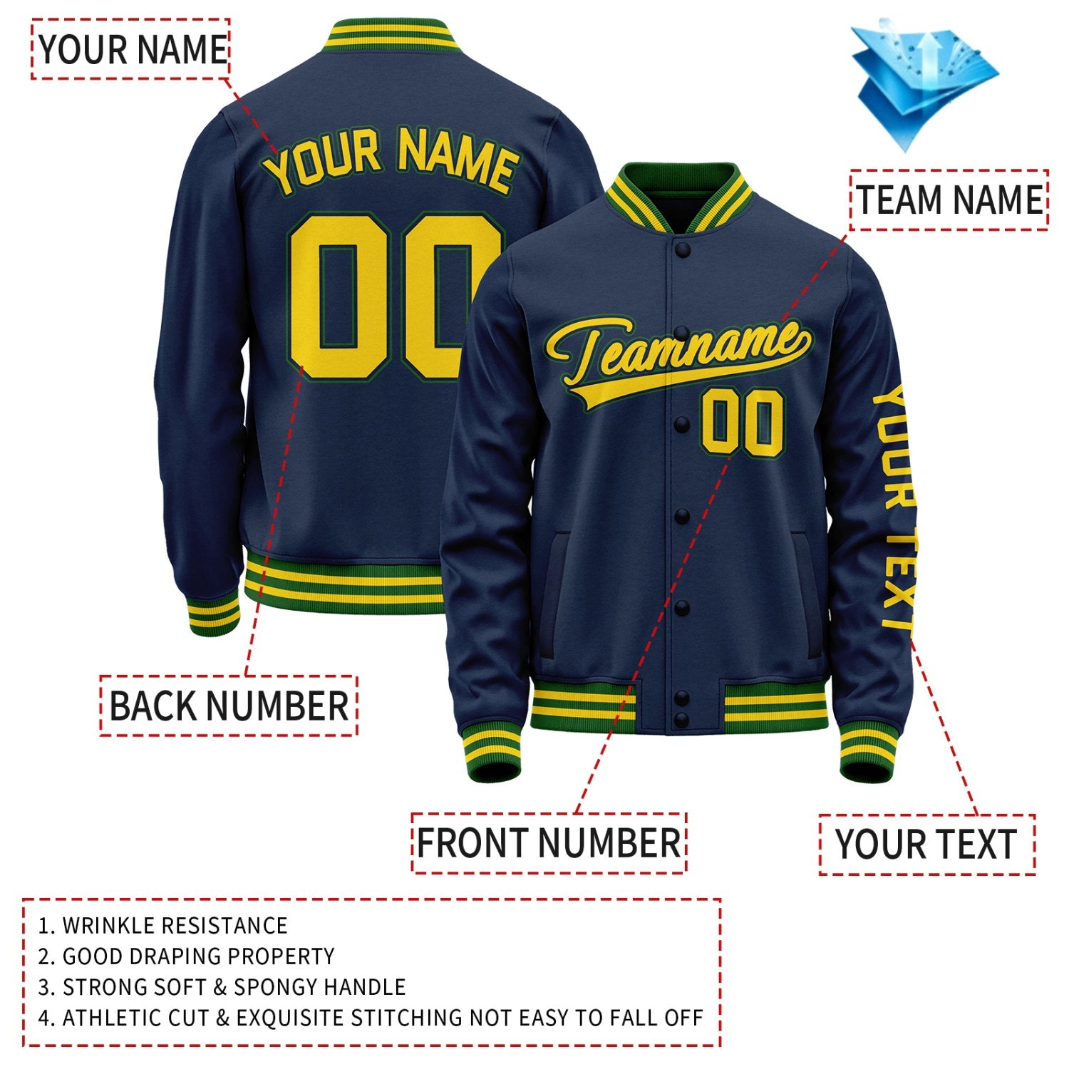 Custom Navy Yellow Jacket Personalized Team Name Number Letterman Bomber for Adult & Youth
