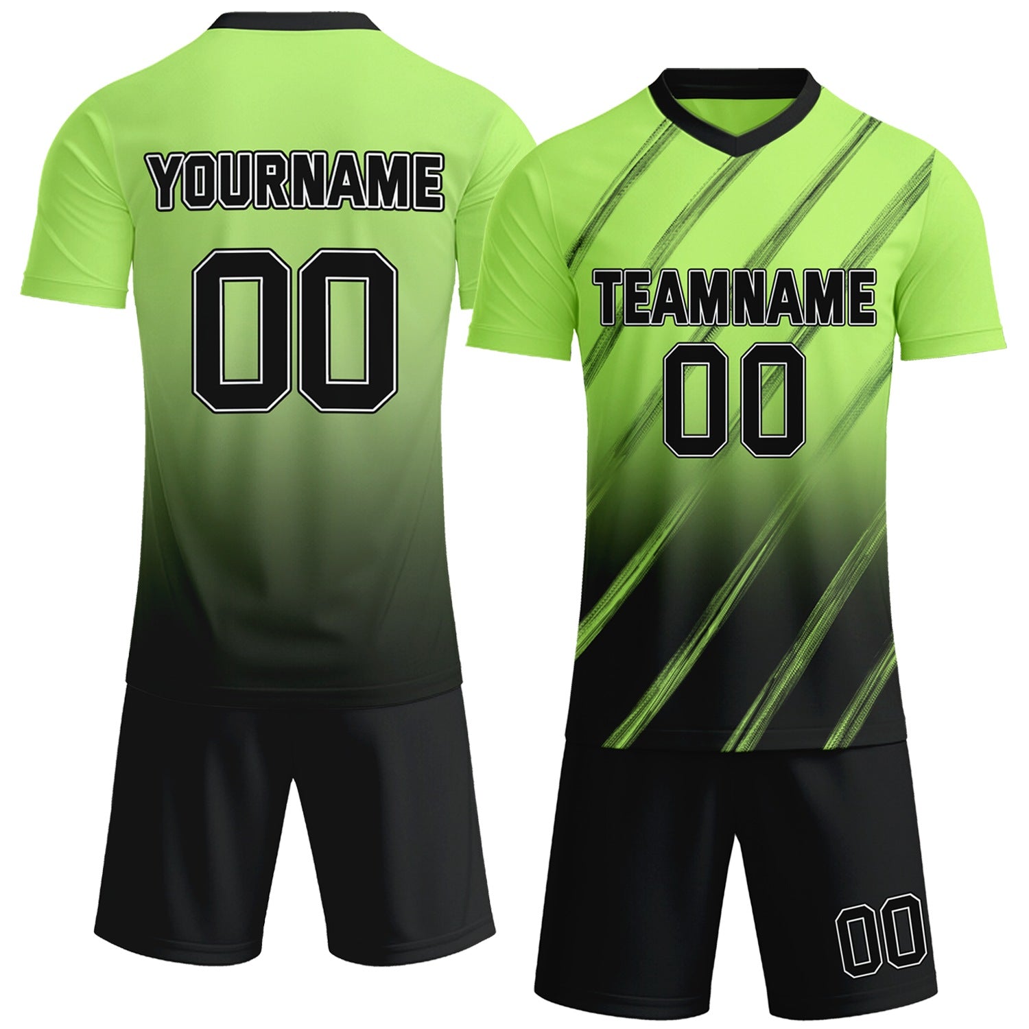 Custom neon green & black gradient soccer jersey set, personalized name number team logo, short-sleeve jersey with matching shorts sports uniform for men women youth adult game practice - Vosoli