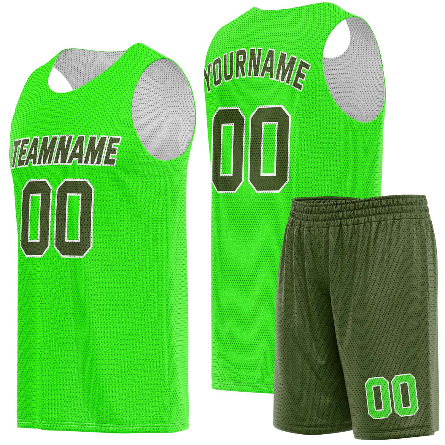 Custom Neon Green & Olive Basketball Jersey + Shorts Set - Personalized Team Name, Number | Vosoli
