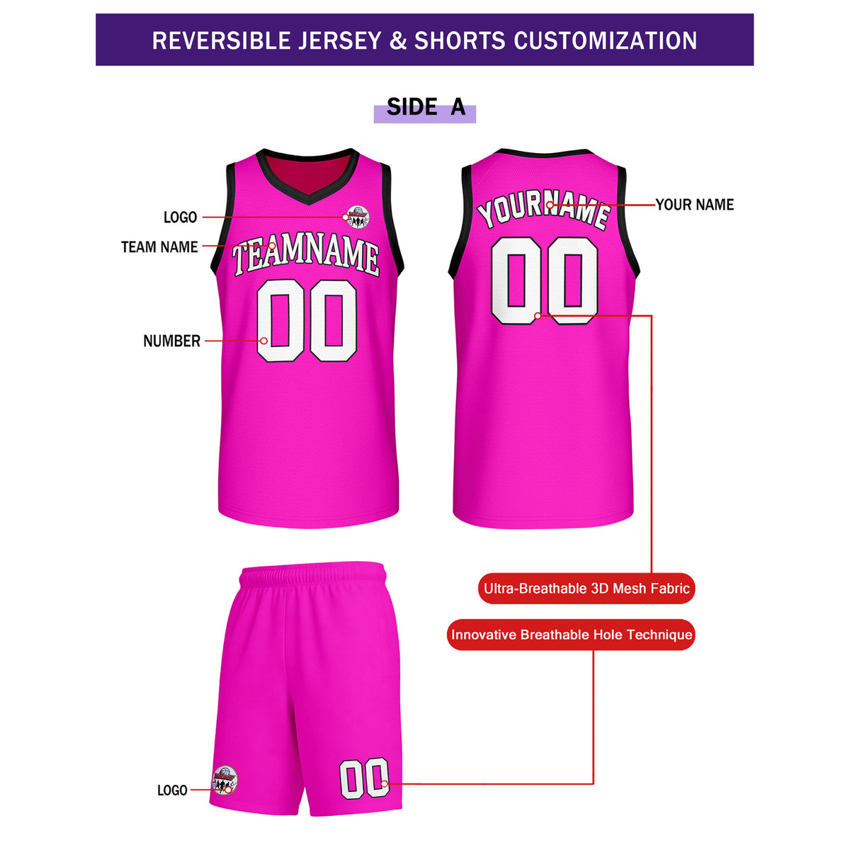 Custom Neon Pink Basketball Uniform Set | Personalized Team Name & Number - Vosoli