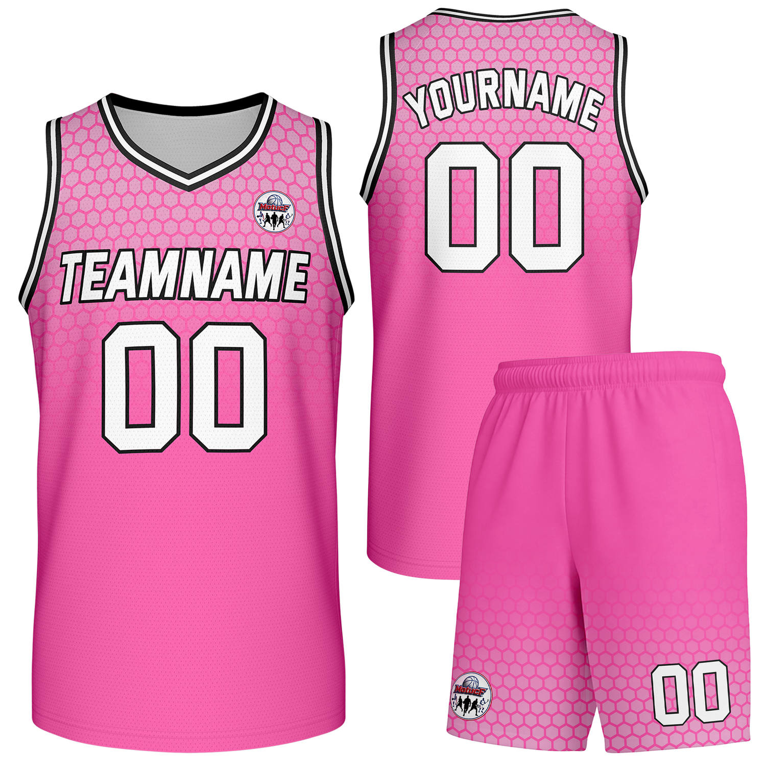Custom pink honeycomb-pattern basketball uniform set, personalized team name number logo breathable mesh jersey and shorts men women youth game practice - Vosoli