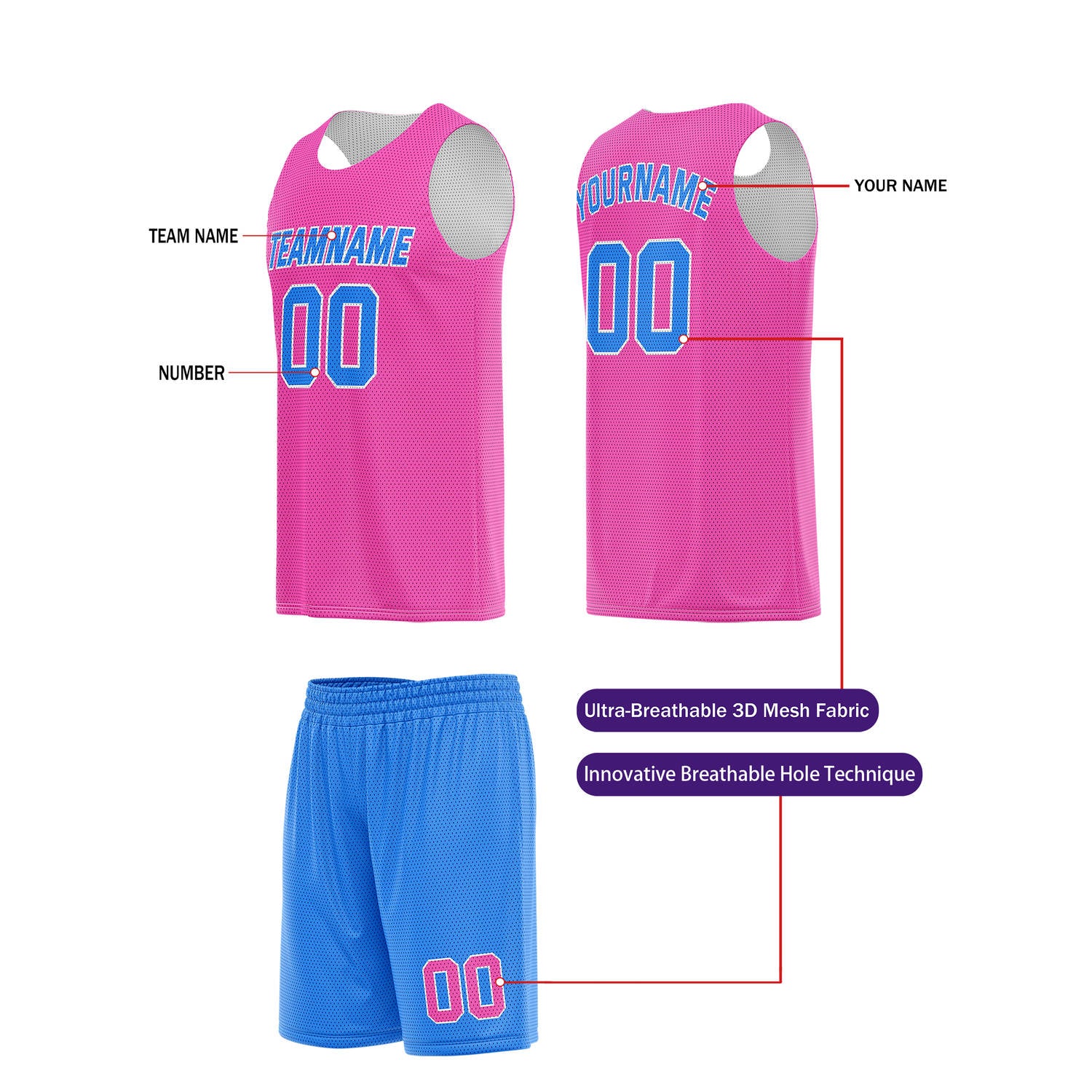 Custom Neon Pink & Royal Blue Basketball Jersey + Shorts Set - Personalized Team Name, Number | Vosoli
