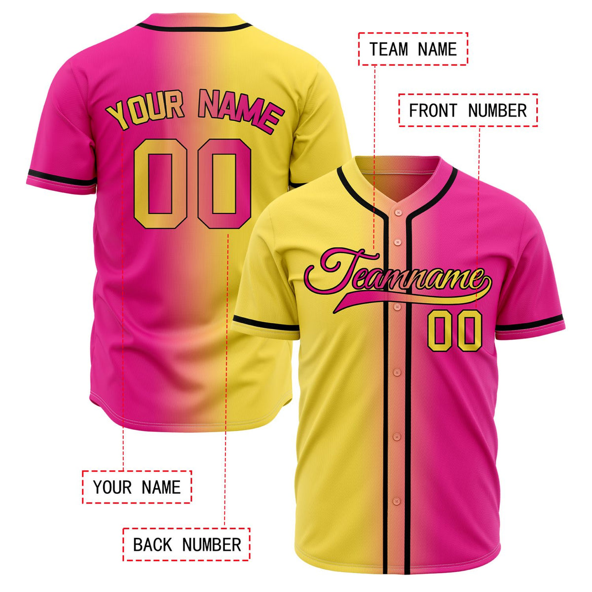 Custom Neon Pink and Yellow Split Baseball Jersey | Personalized Two-Tone Fade Team Uniform