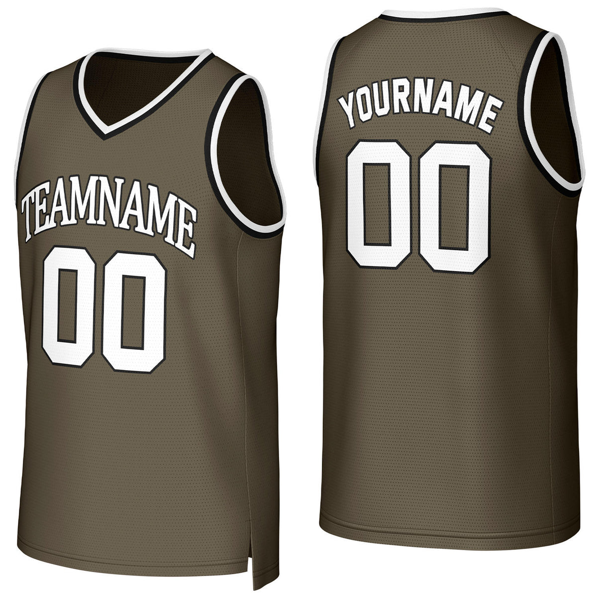 Custom olive &amp; white basketball jersey by Vosoli | Personalized stitched team name, number &amp; logo | Breathable mesh sport jersey