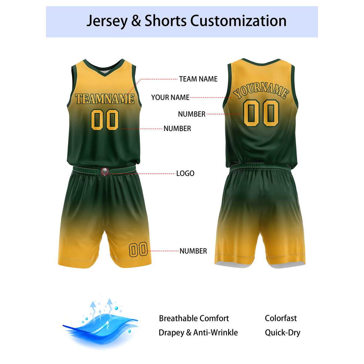 Custom Olive & Yellow Gradient Basketball Jersey + Shorts Set - Personalized Team Name, Number | Vosoli