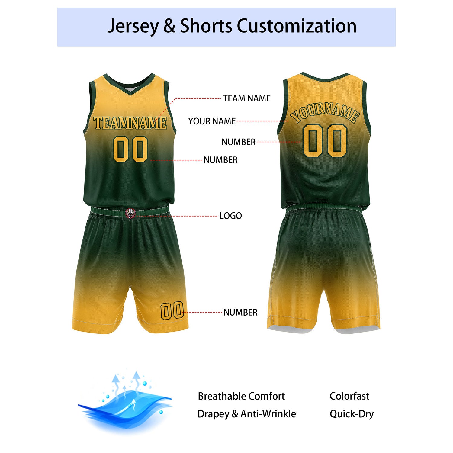 Custom Olive & Yellow Gradient Basketball Jersey + Shorts Set - Personalized Team Name, Number | Vosoli