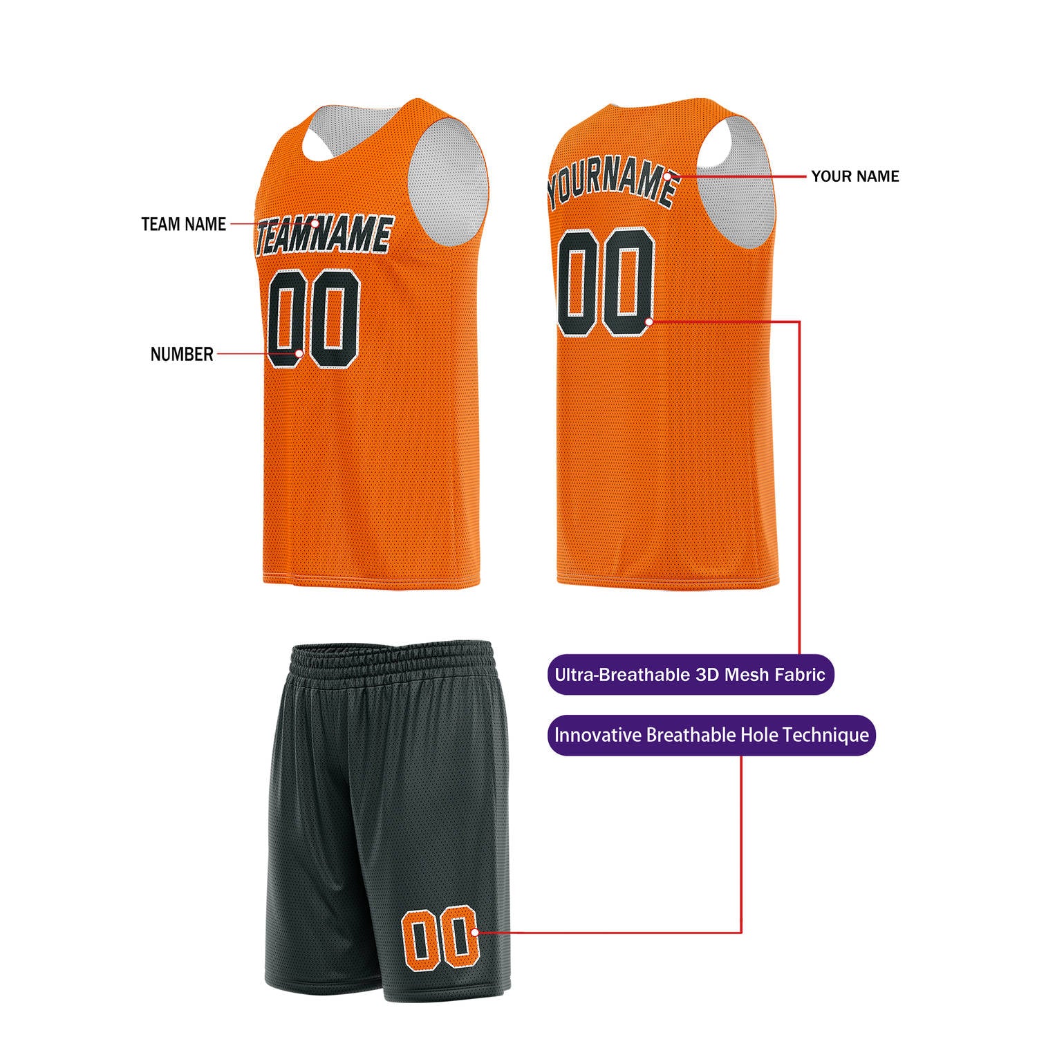 Custom Orange & Black Basketball Jersey + Shorts Set - Personalized Team Name, Number | Vosoli