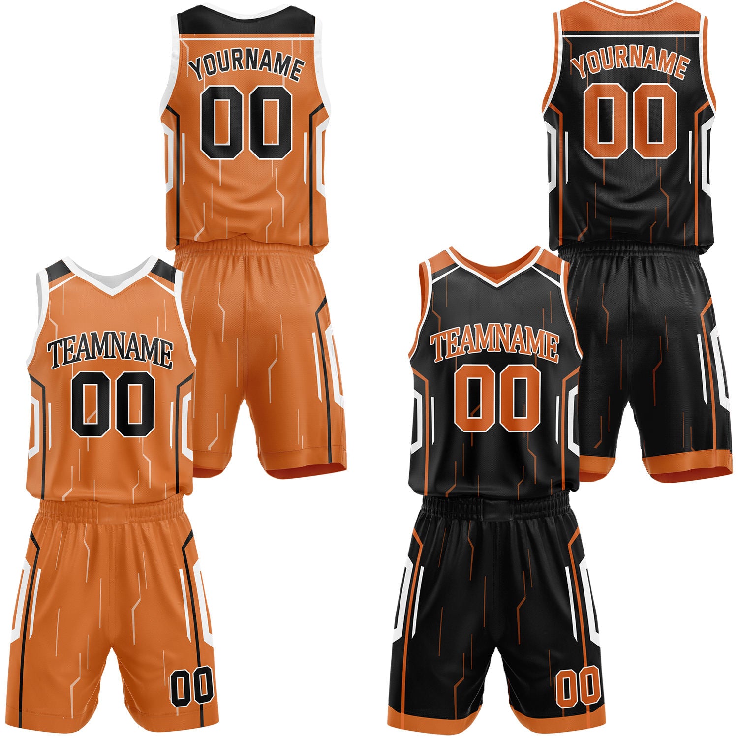 Custom orange & black reversible basketball jersey shorts set by Vosoli | Personalized block team name number tech geometric uniform sportswear