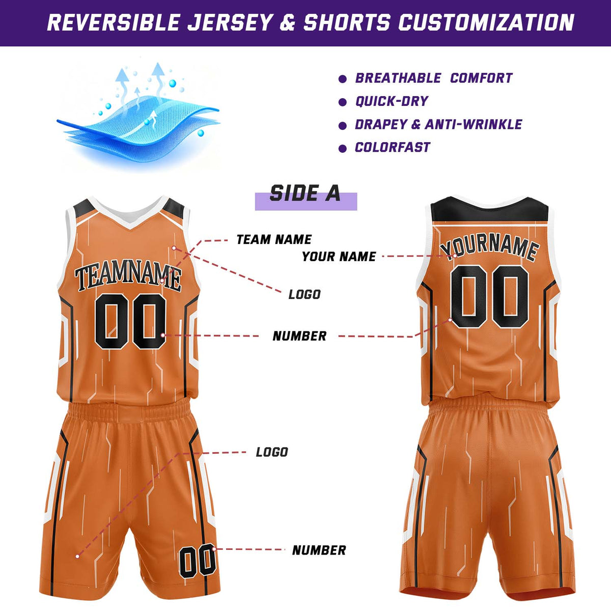 Custom Orange & Black Reversible Geometric Basketball Jersey Shorts Set | Personalized Team Uniform