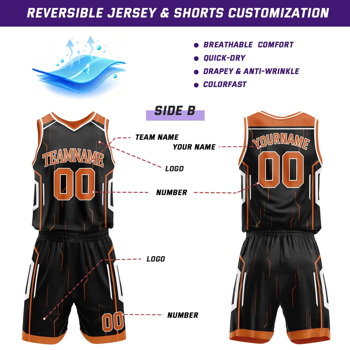 Custom Orange & Black Reversible Geometric Basketball Jersey Shorts Set | Personalized Team Uniform
