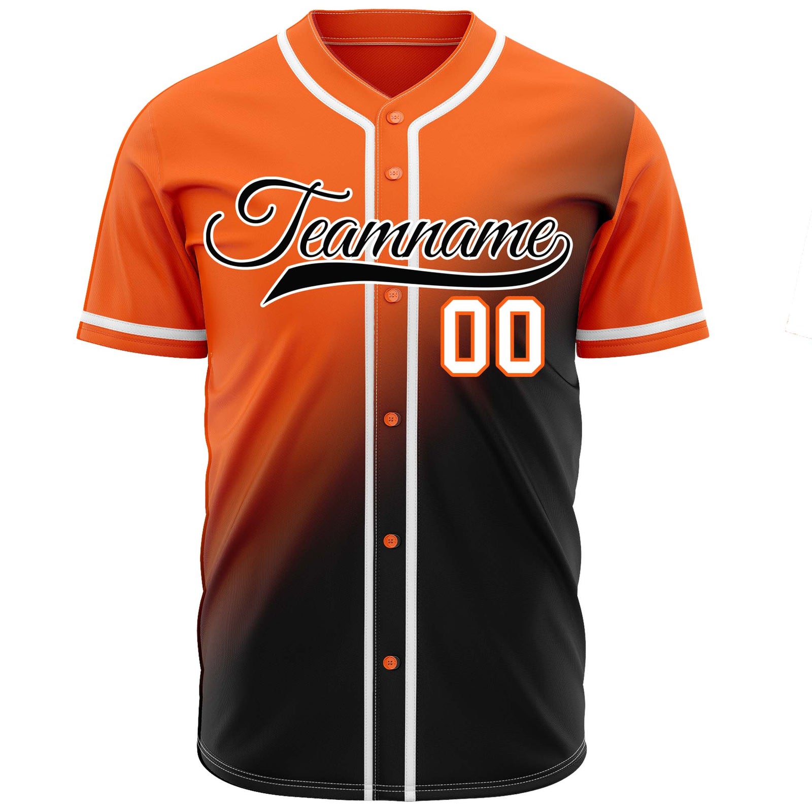 Custom orange to black gradient baseball jersey, button-front style with white trim, suitable for team sports and casual wear - Vosoli
